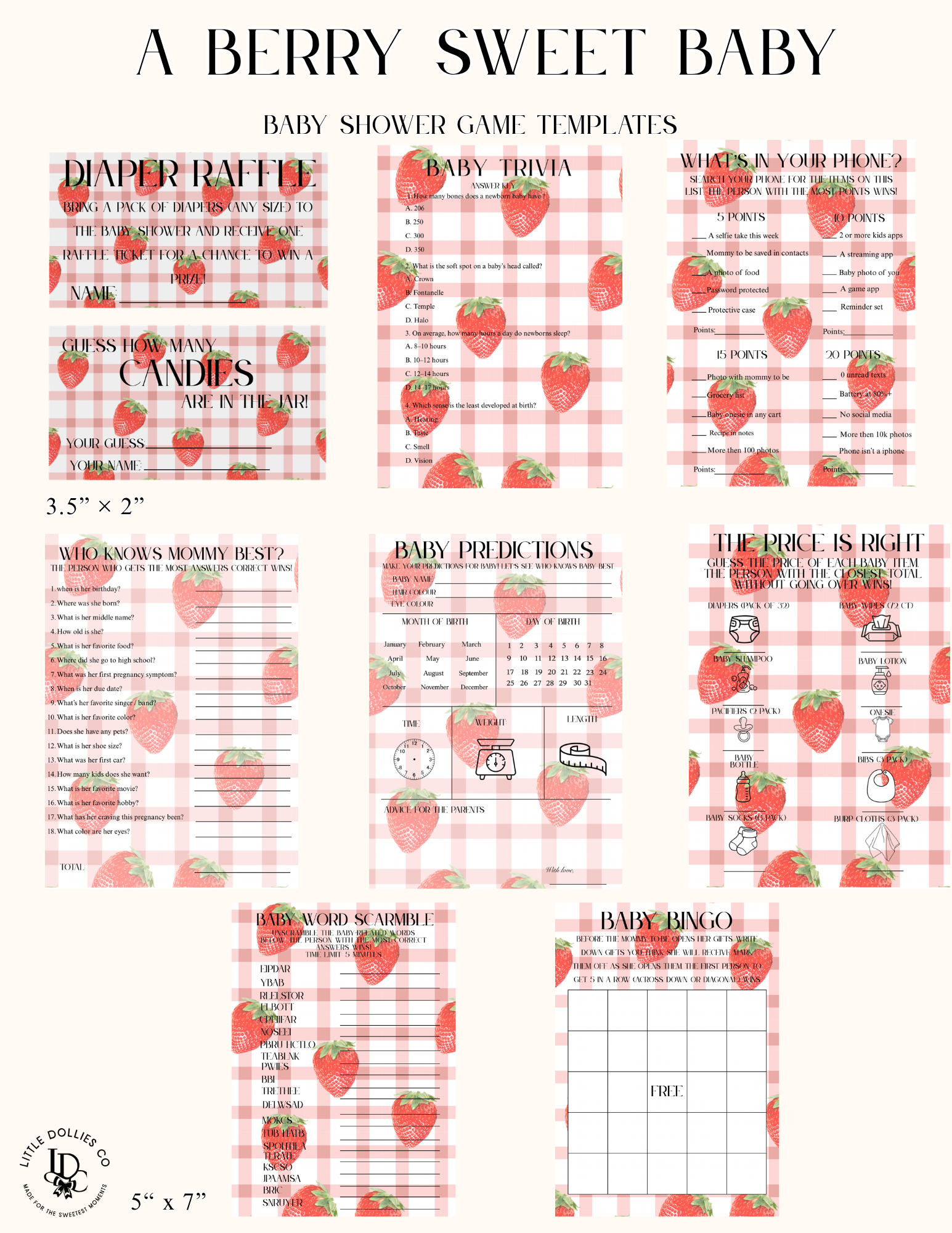 Berry Sweet Baby Shower Invitation, Decorations & Games Template Bundle