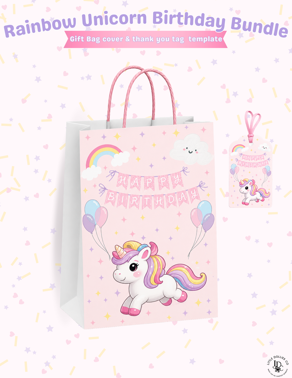Unicorn Birthday Invitation & Party Favor Bundle Templates