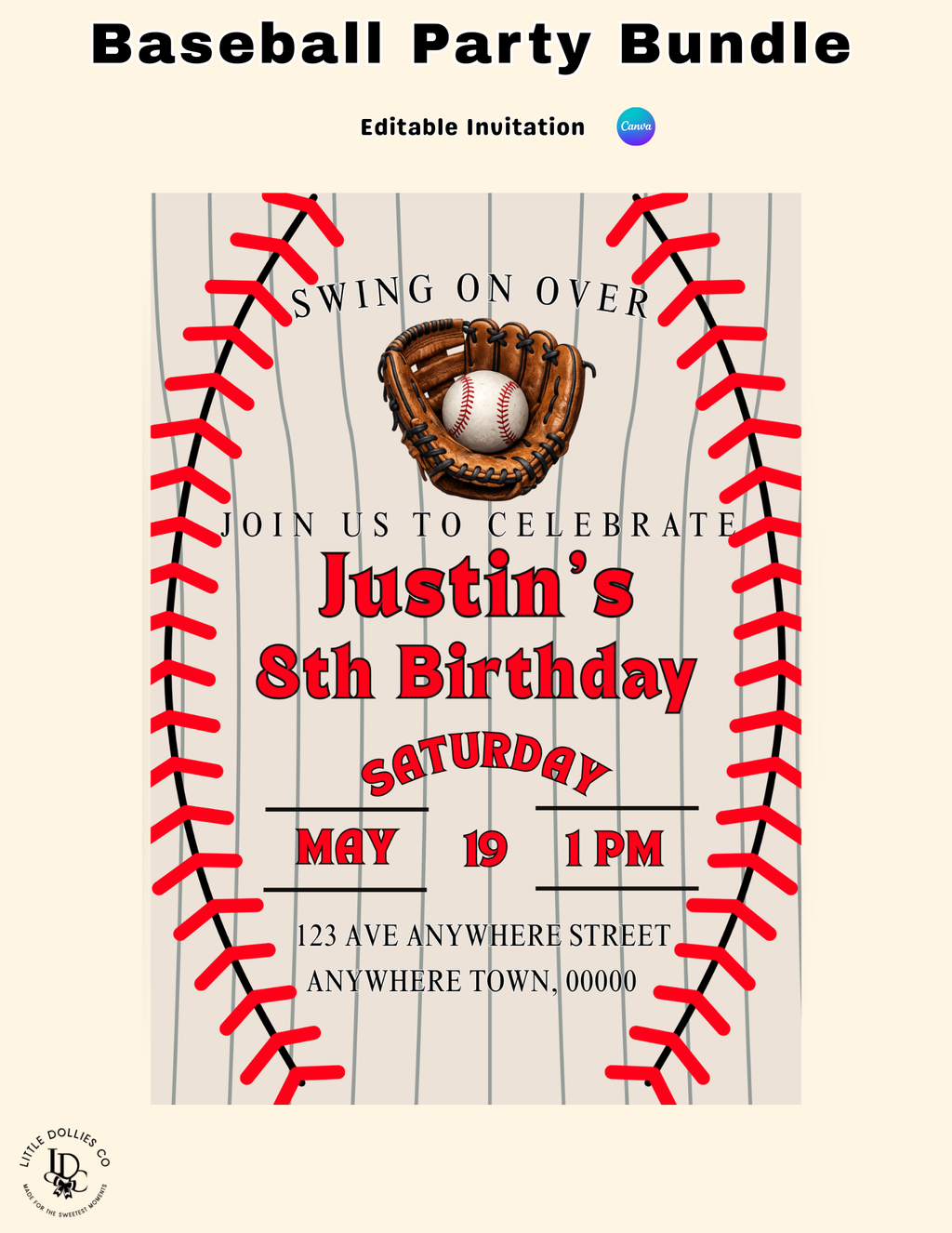 Baseball Birthday Invitation & Party Favor Bundle Templates