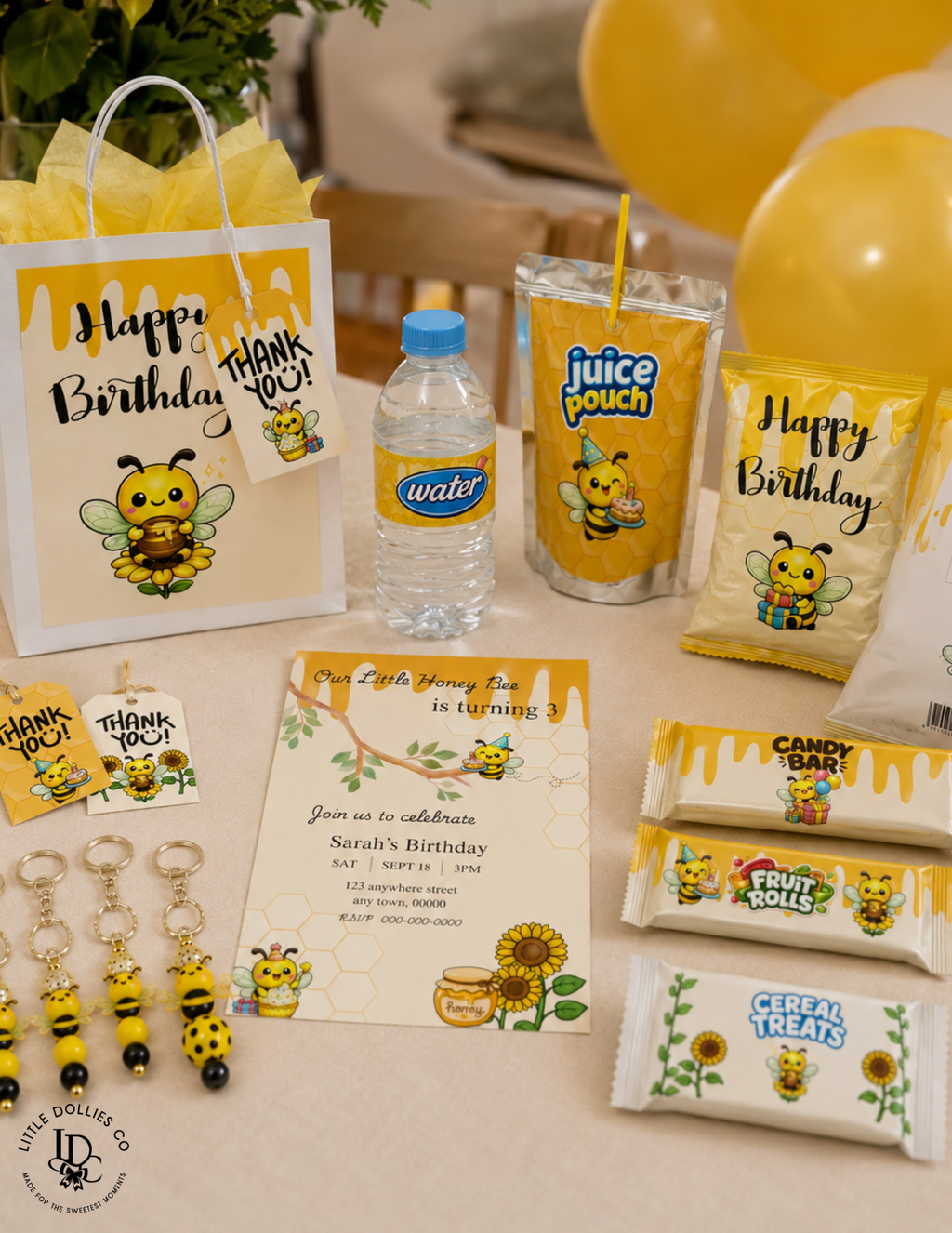 Our Little Honey Bee Is Turning Three Birthday Invitation & Party Favor Bundle Templates