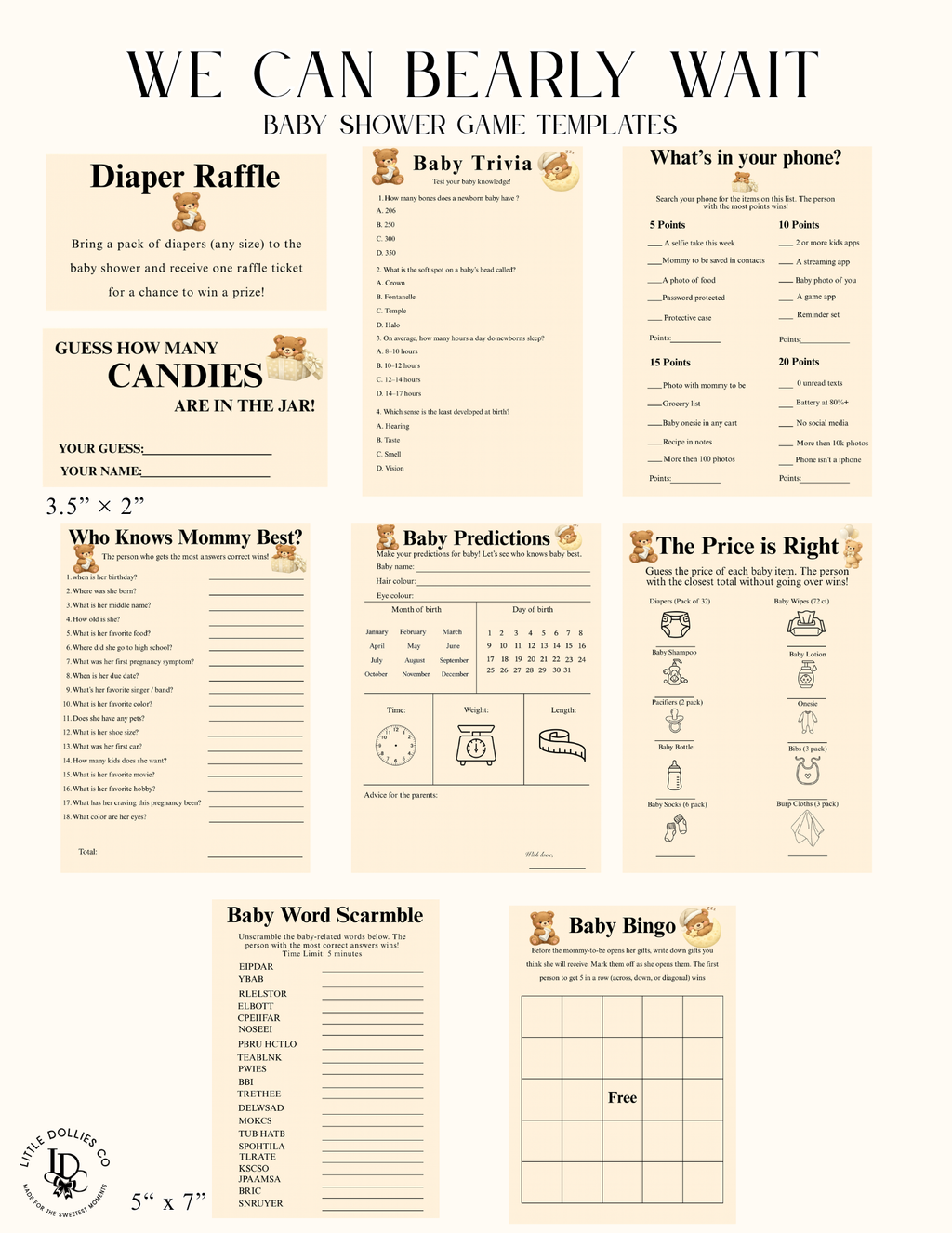 We Can Bearly Wait Baby Shower Invitation, Decorations & Games Template Bundle