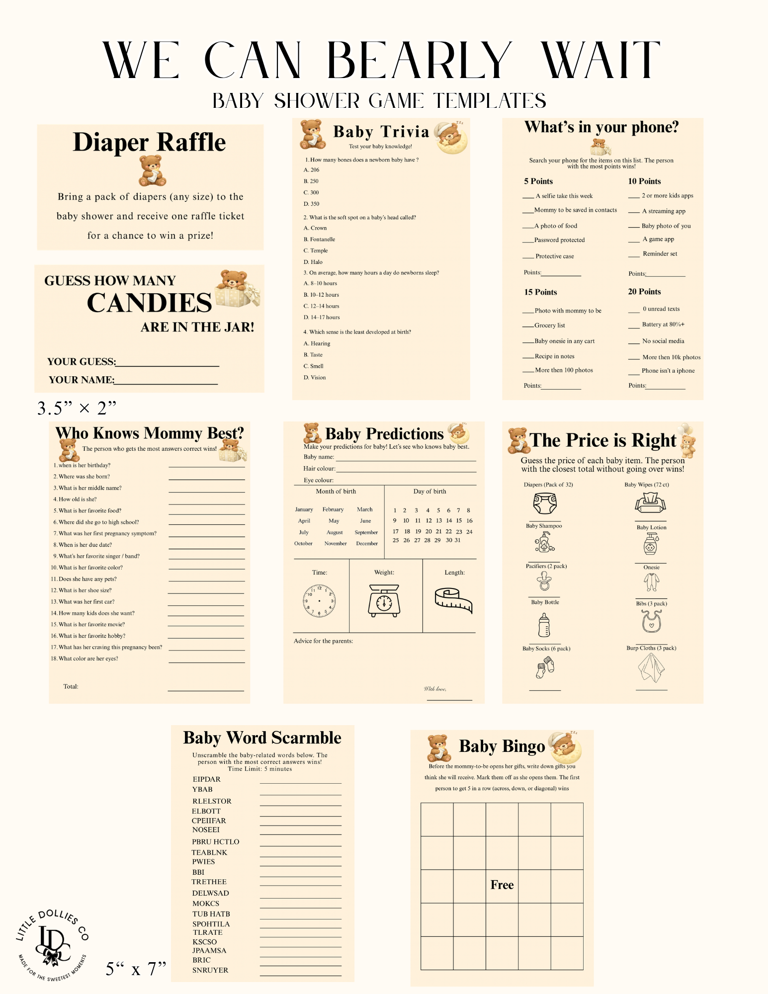 We Can Bearly Wait Baby Shower Invitation, Decorations & Games Template Bundle