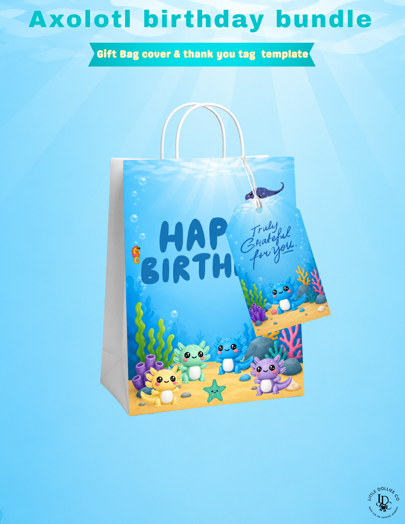 Axolotl Birthday Invitation & Party Favor Bundle Templates