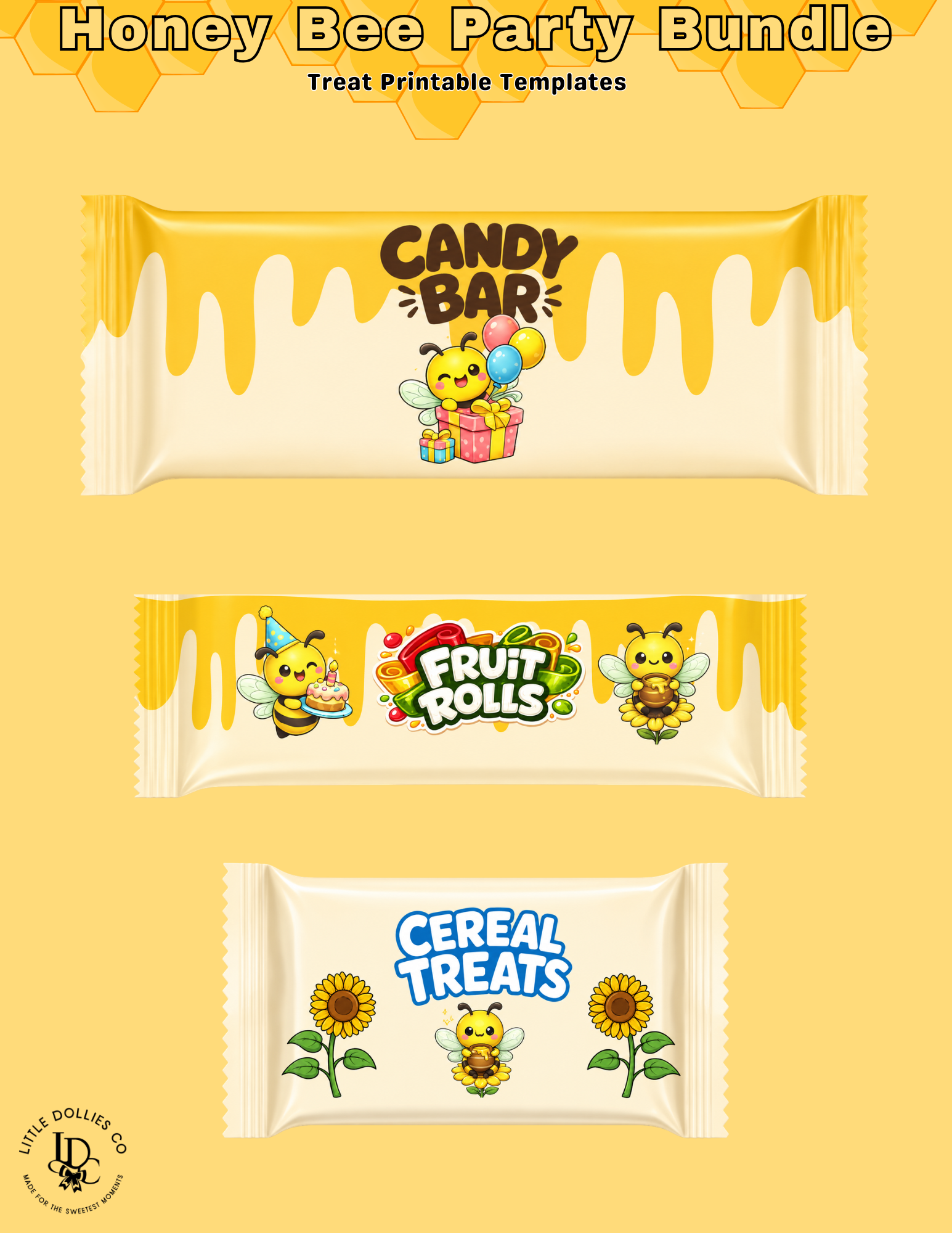 Our Little Honey Bee Is Turning Three Birthday Invitation & Party Favor Bundle Templates