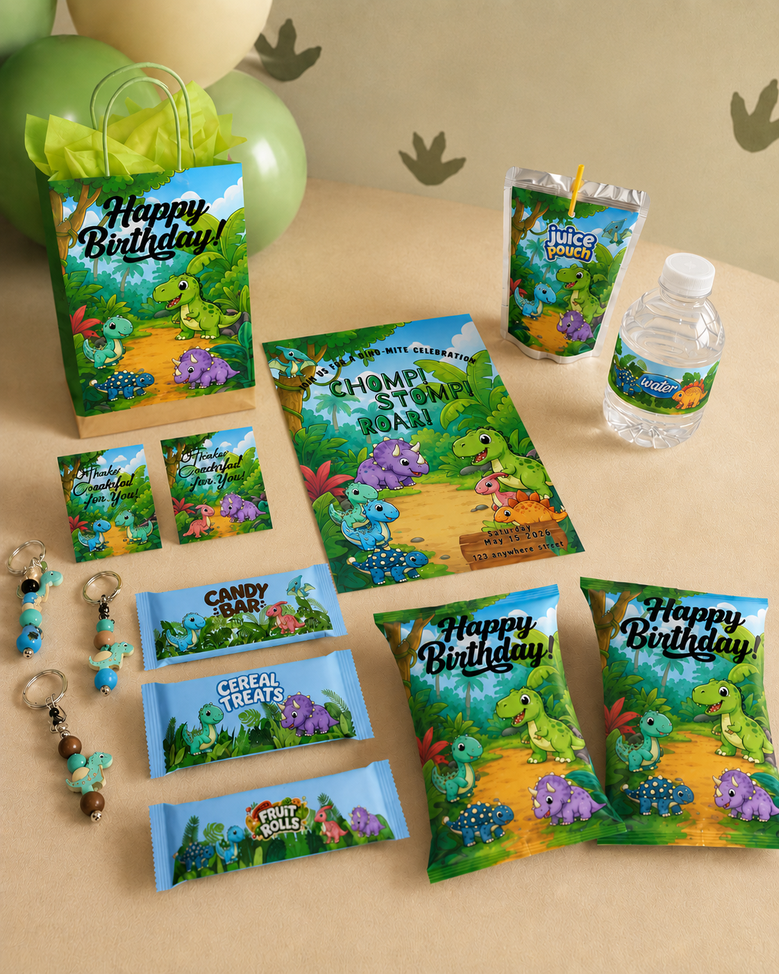 Dinosaur Birthday Invitation & Party Favor Bundle Templates