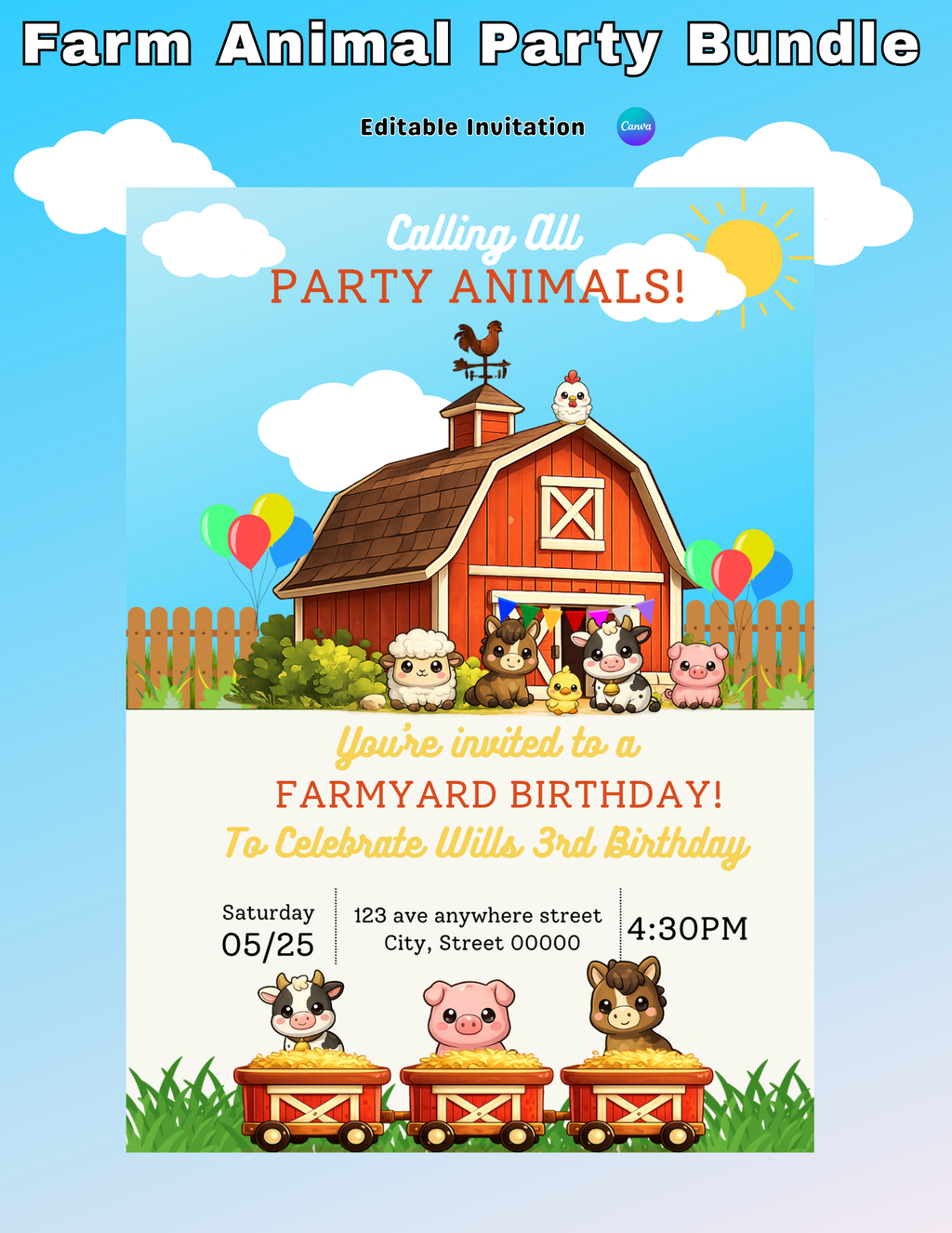 Farm Animal Birthday Invitation & Party Favor Bundle Templates