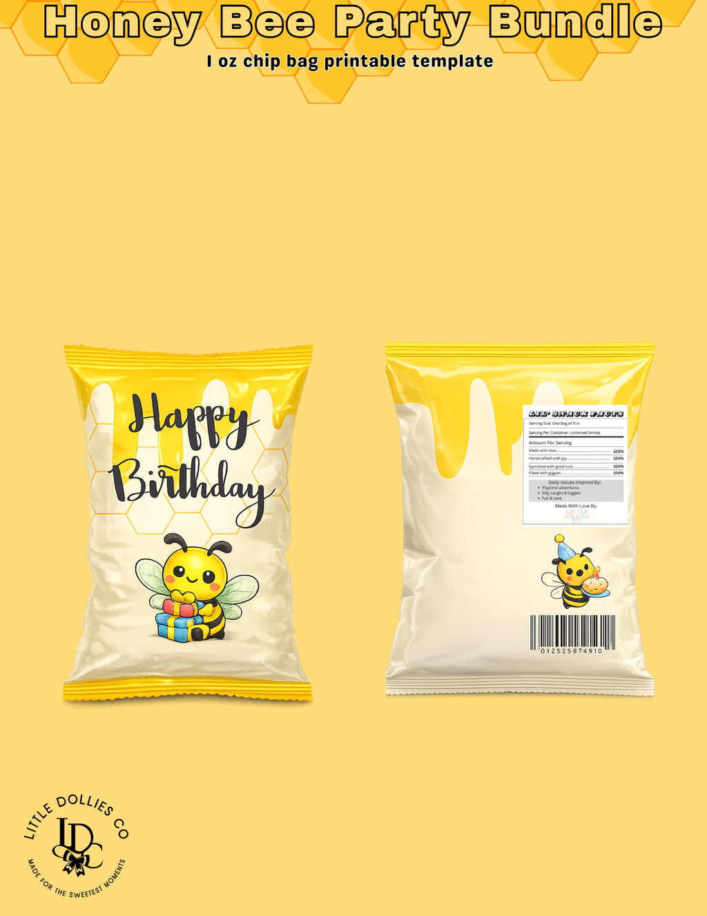 Our Little Honey Bee Is Turning Three Birthday Invitation & Party Favor Bundle Templates