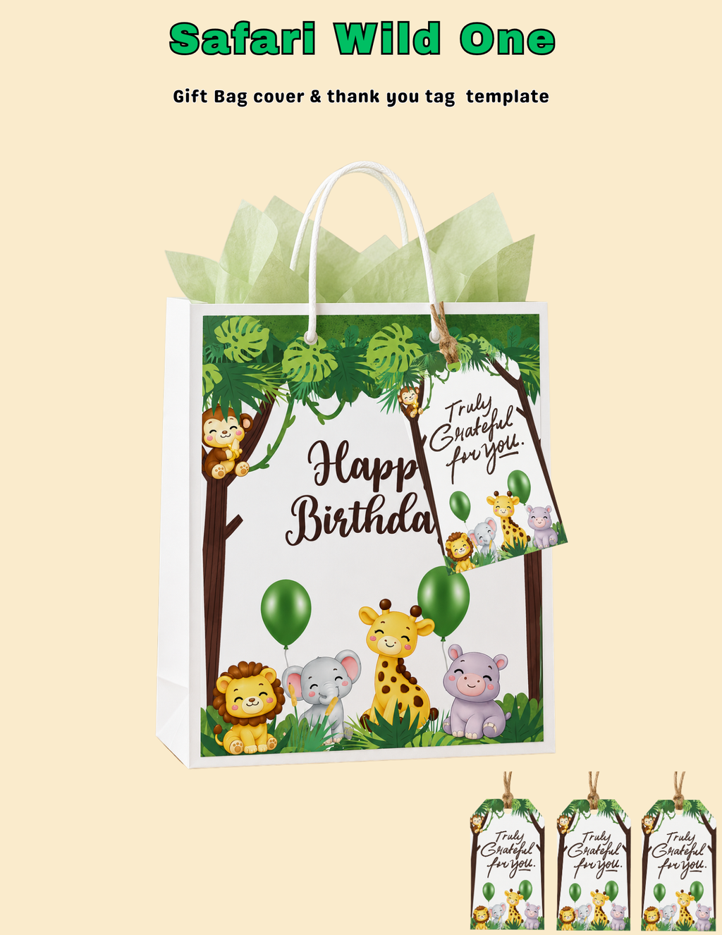 Safari Wild One Birthday Invitation & Party Favor Bundle Templates