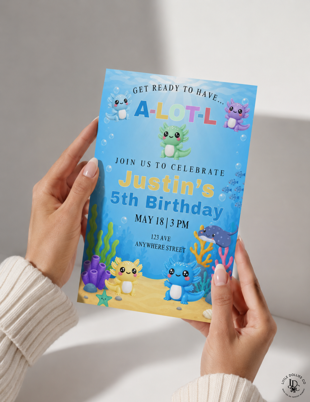Axolotl Birthday Invitation & Party Favor Bundle Templates