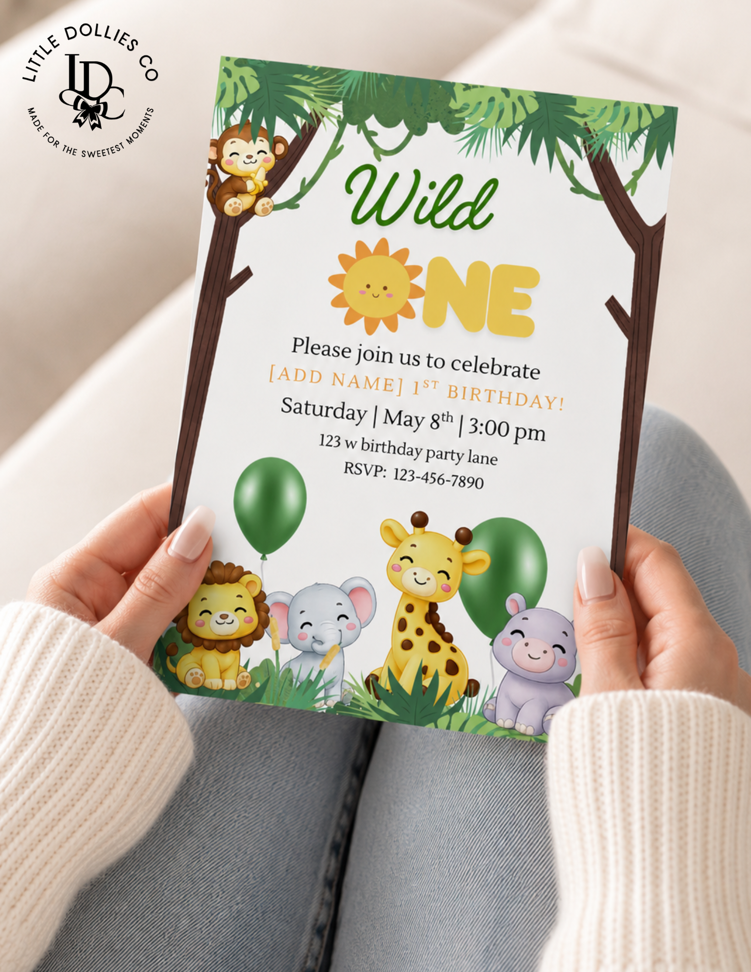 Safari Wild One Birthday Invitation & Party Favor Bundle Templates
