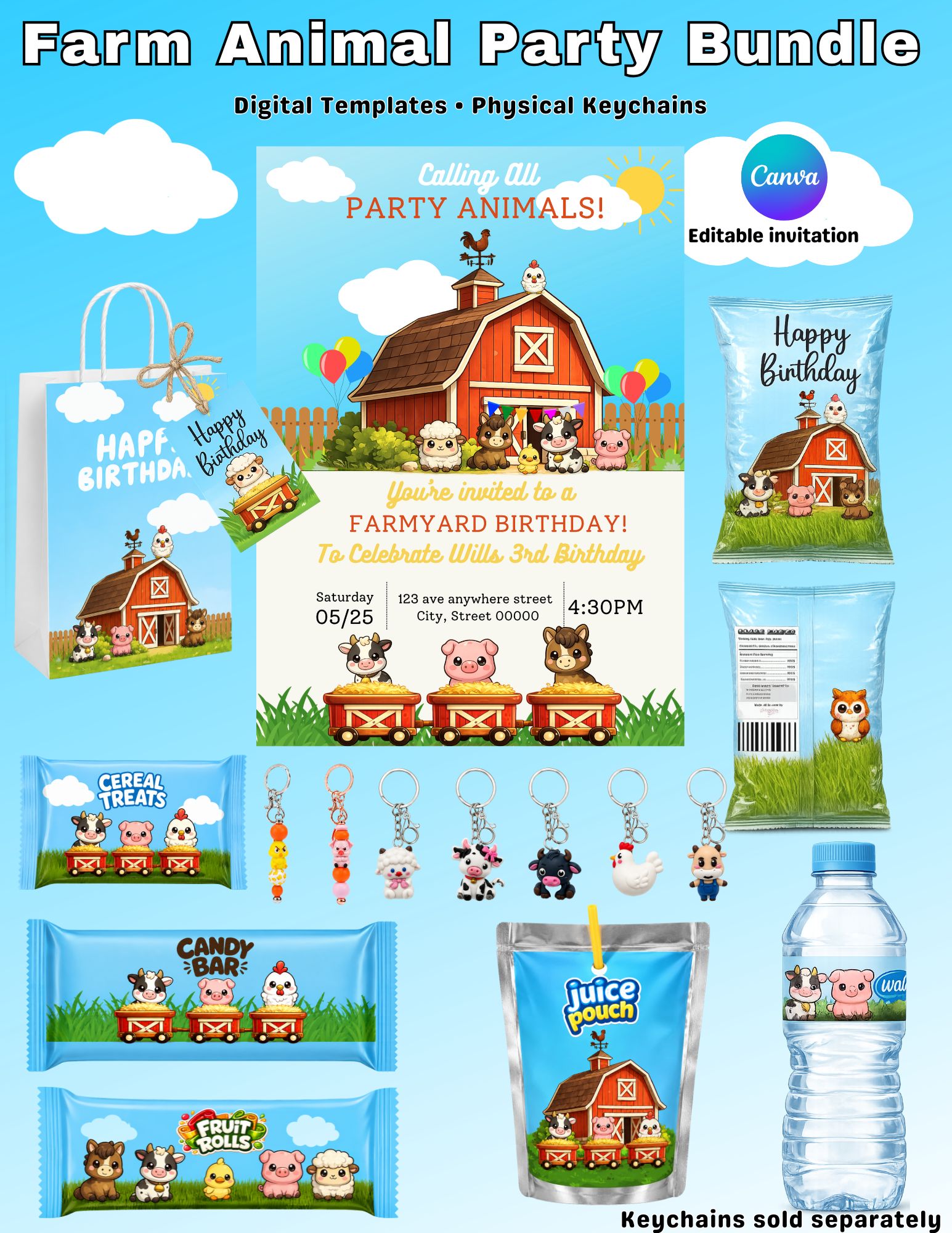 Farm Animal Birthday Invitation & Party Favor Bundle Templates