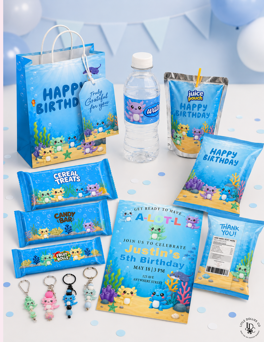 Axolotl Birthday Invitation & Party Favor Bundle Templates