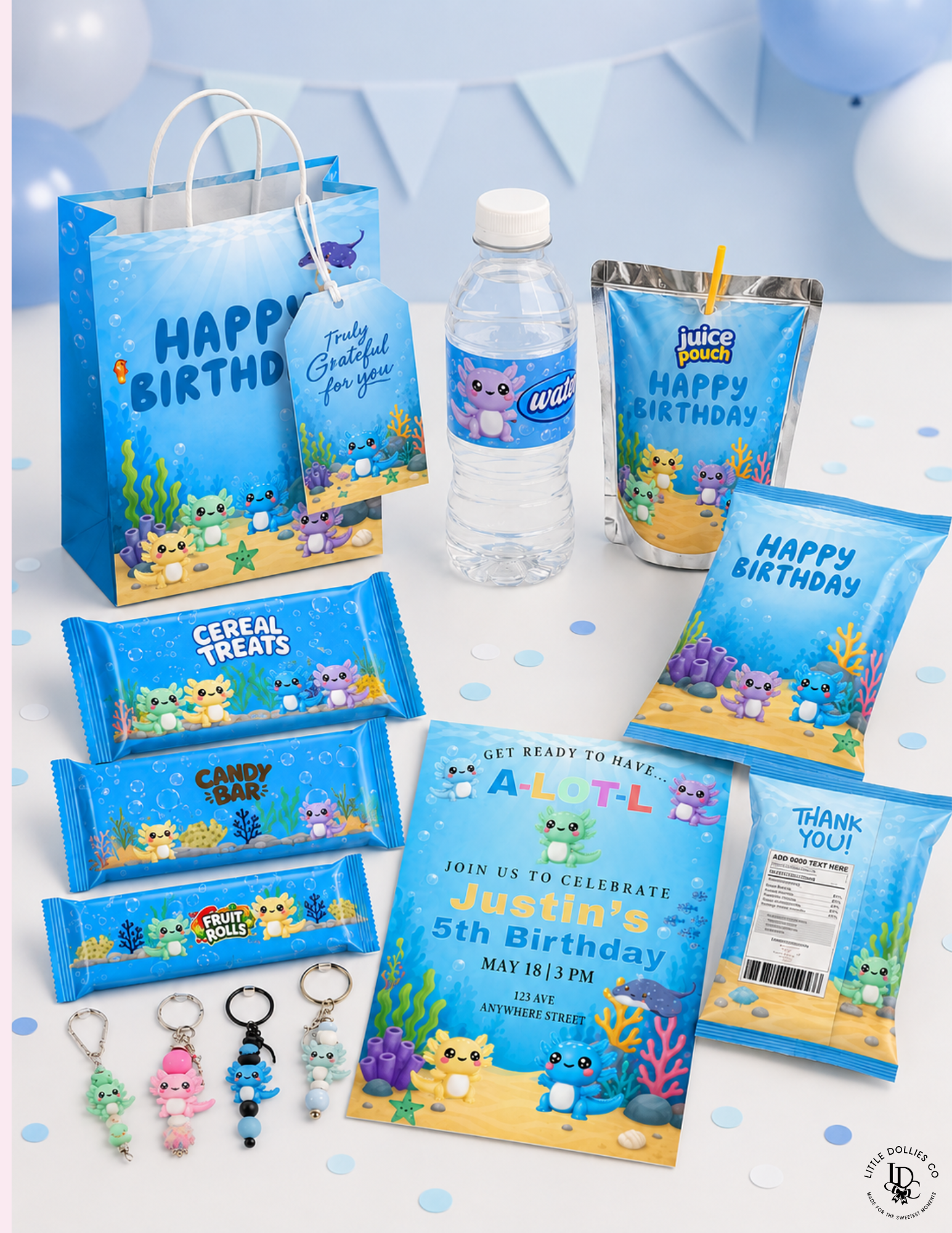 Axolotl Birthday Invitation & Party Favor Bundle Templates
