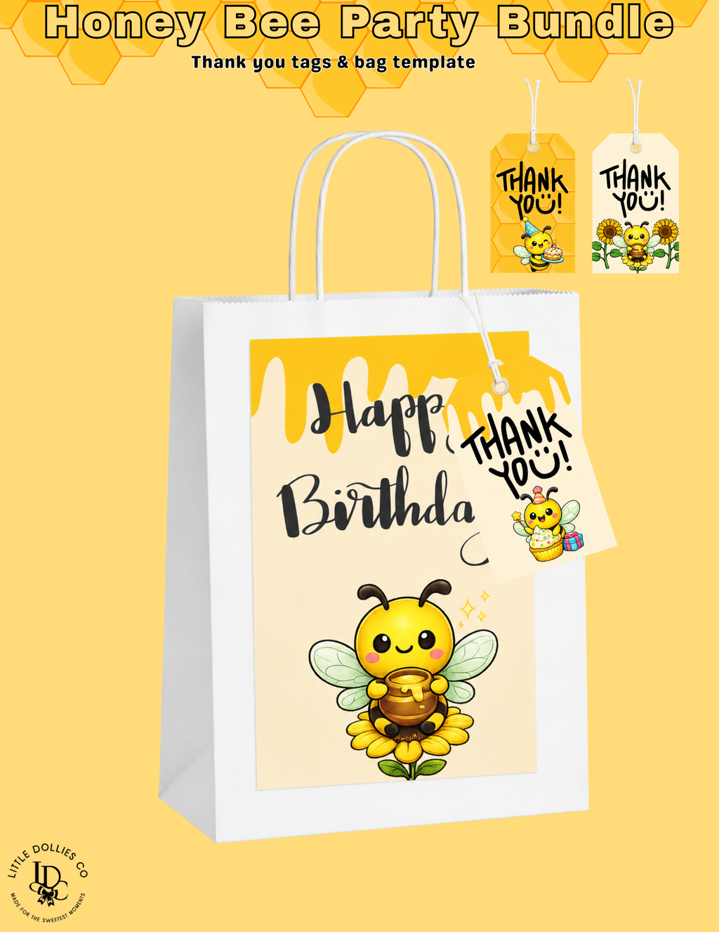 Our Little Honey Bee Is Turning Three Birthday Invitation & Party Favor Bundle Templates