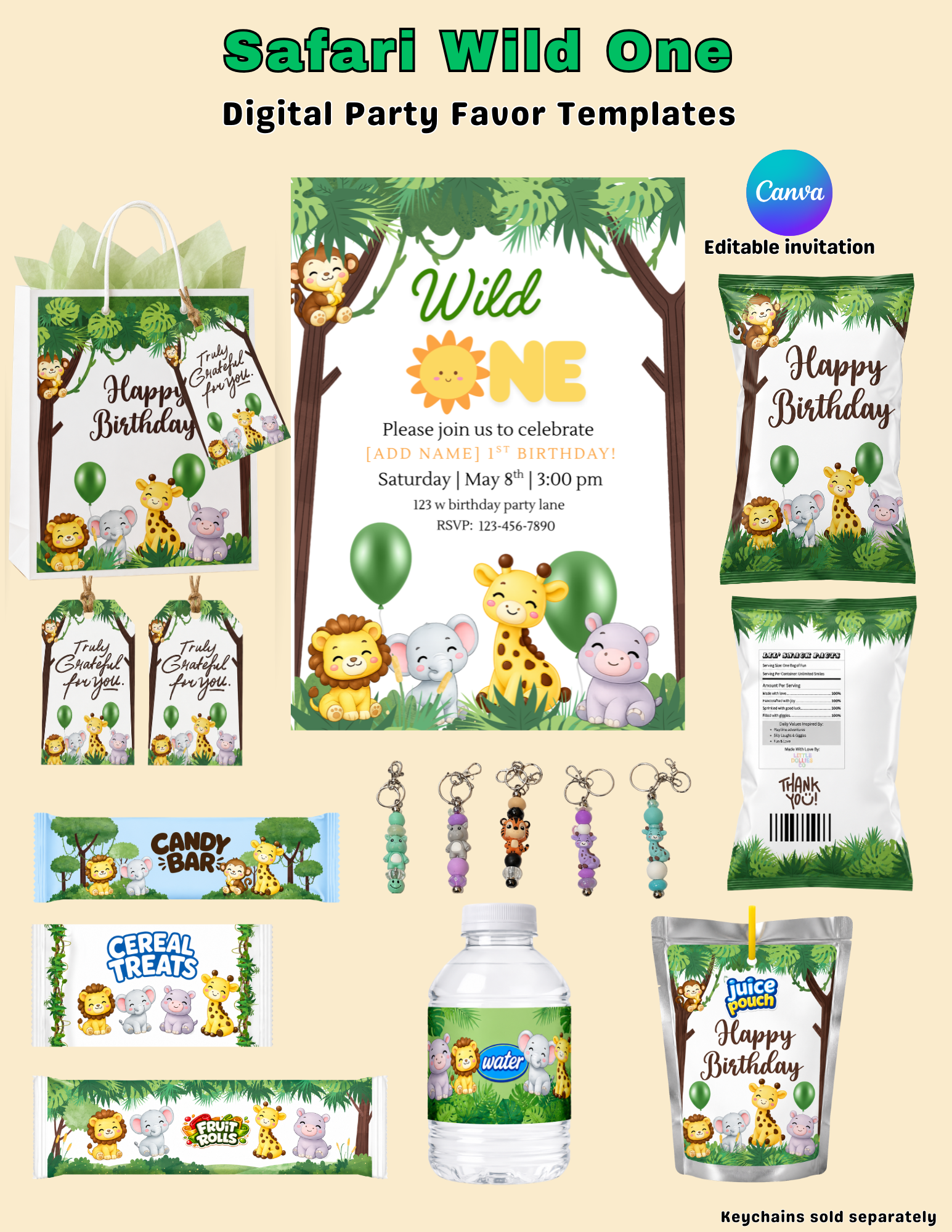 Safari Wild One Birthday Invitation & Party Favor Bundle Templates