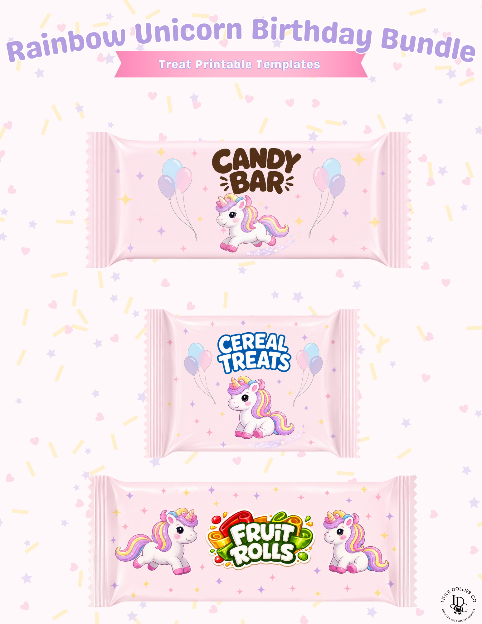 Unicorn Birthday Invitation & Party Favor Bundle Templates