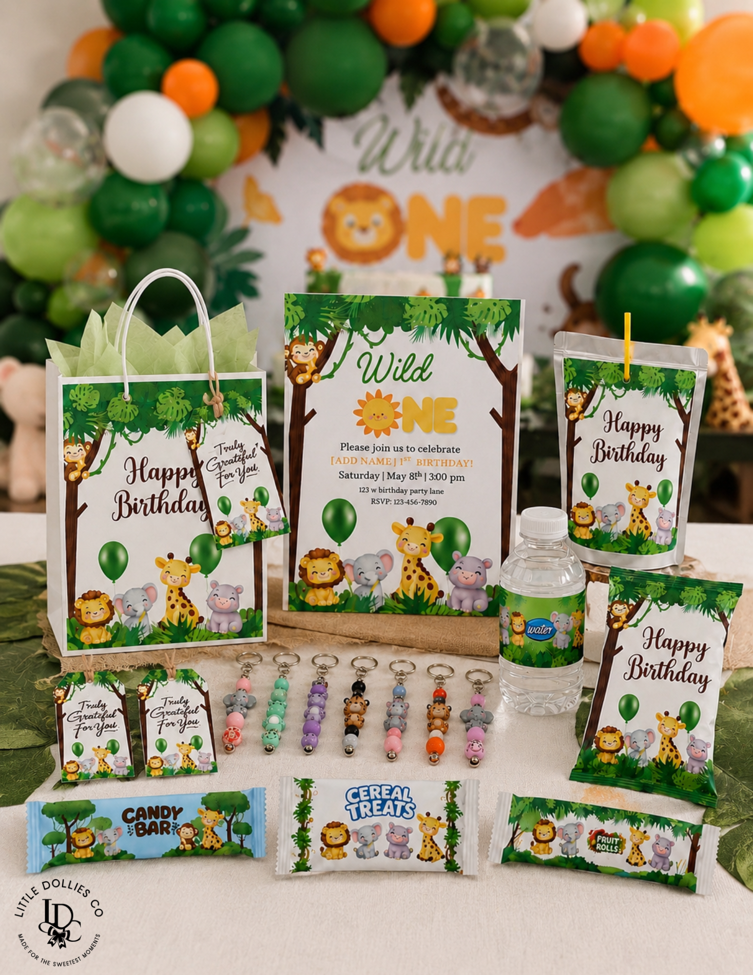 Safari Wild One Birthday Invitation & Party Favor Bundle Templates