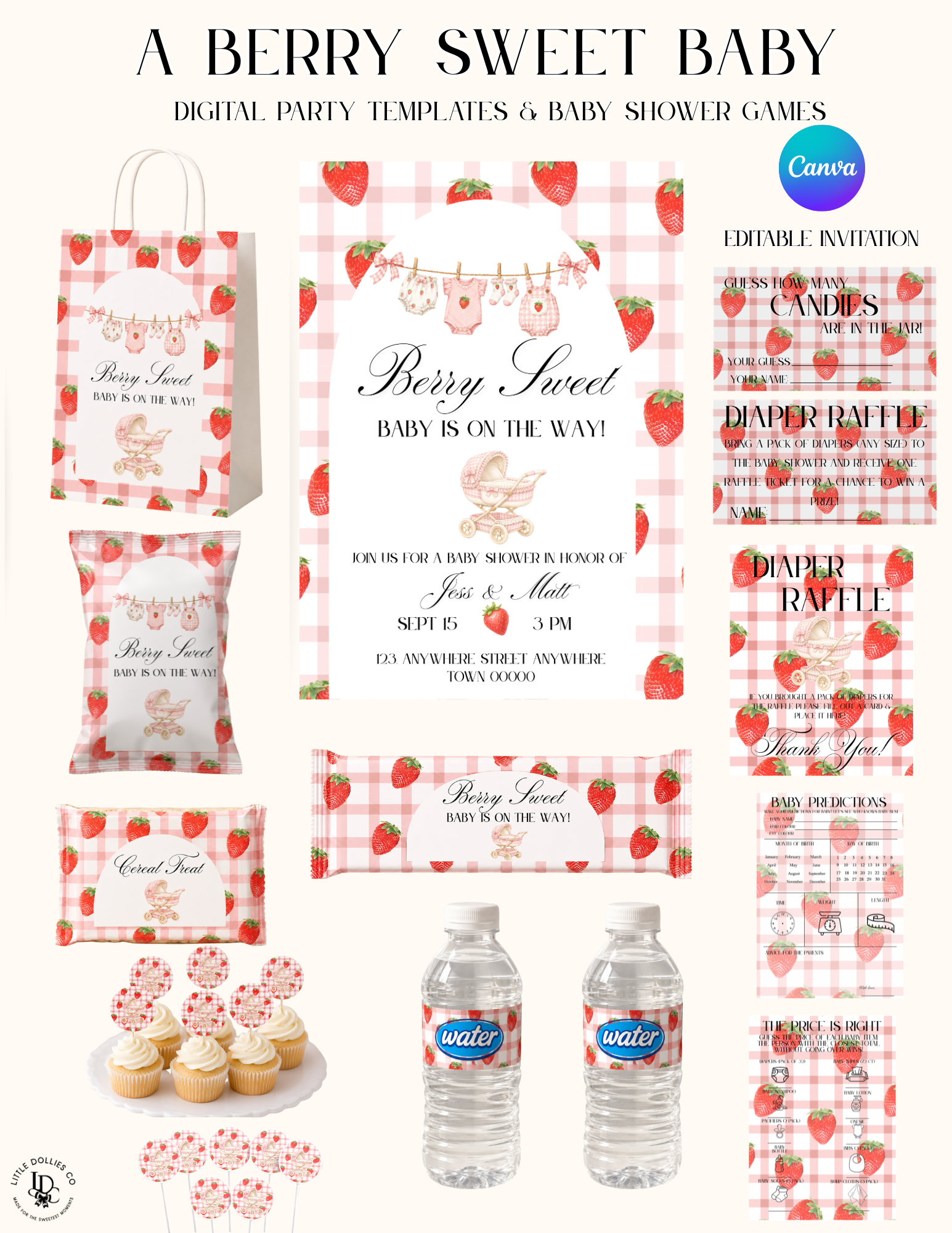 Berry Sweet Baby Shower Invitation, Decorations & Games Template Bundle