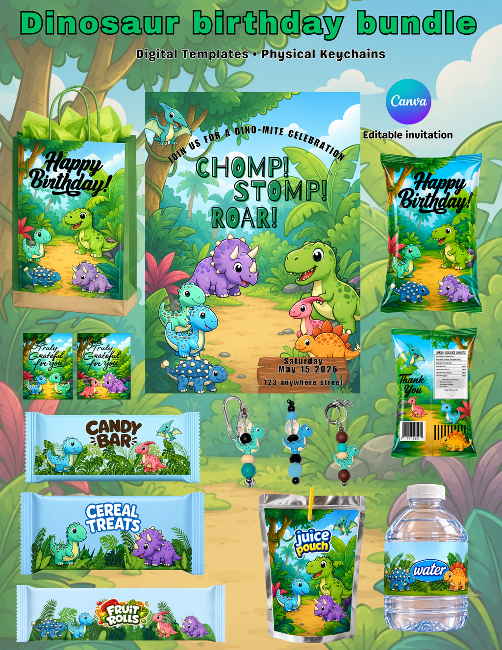 Dinosaur Birthday Invitation & Party Favor Bundle Templates