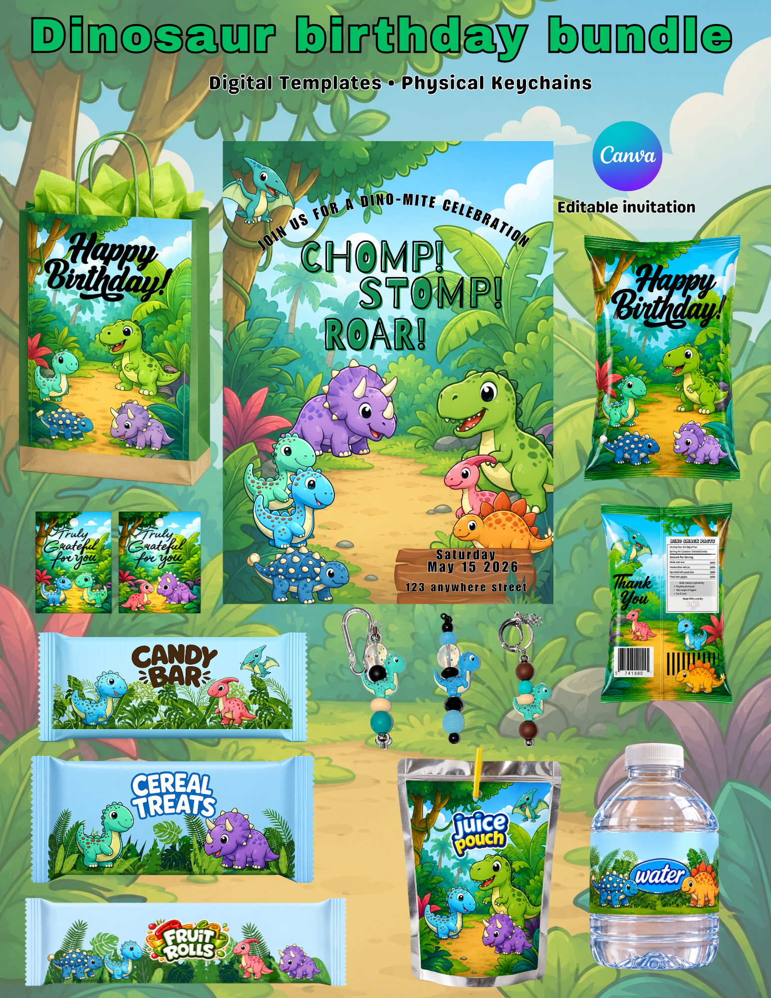 Dinosaur Birthday Invitation & Party Favor Bundle Templates