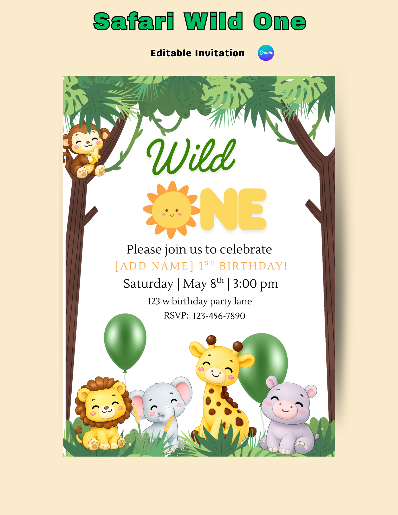 Safari Wild One Birthday Invitation & Party Favor Bundle Templates