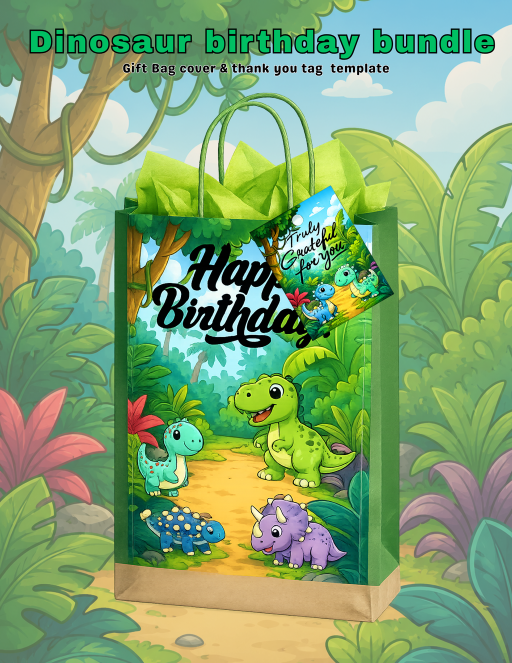 Dinosaur Birthday Invitation & Party Favor Bundle Templates