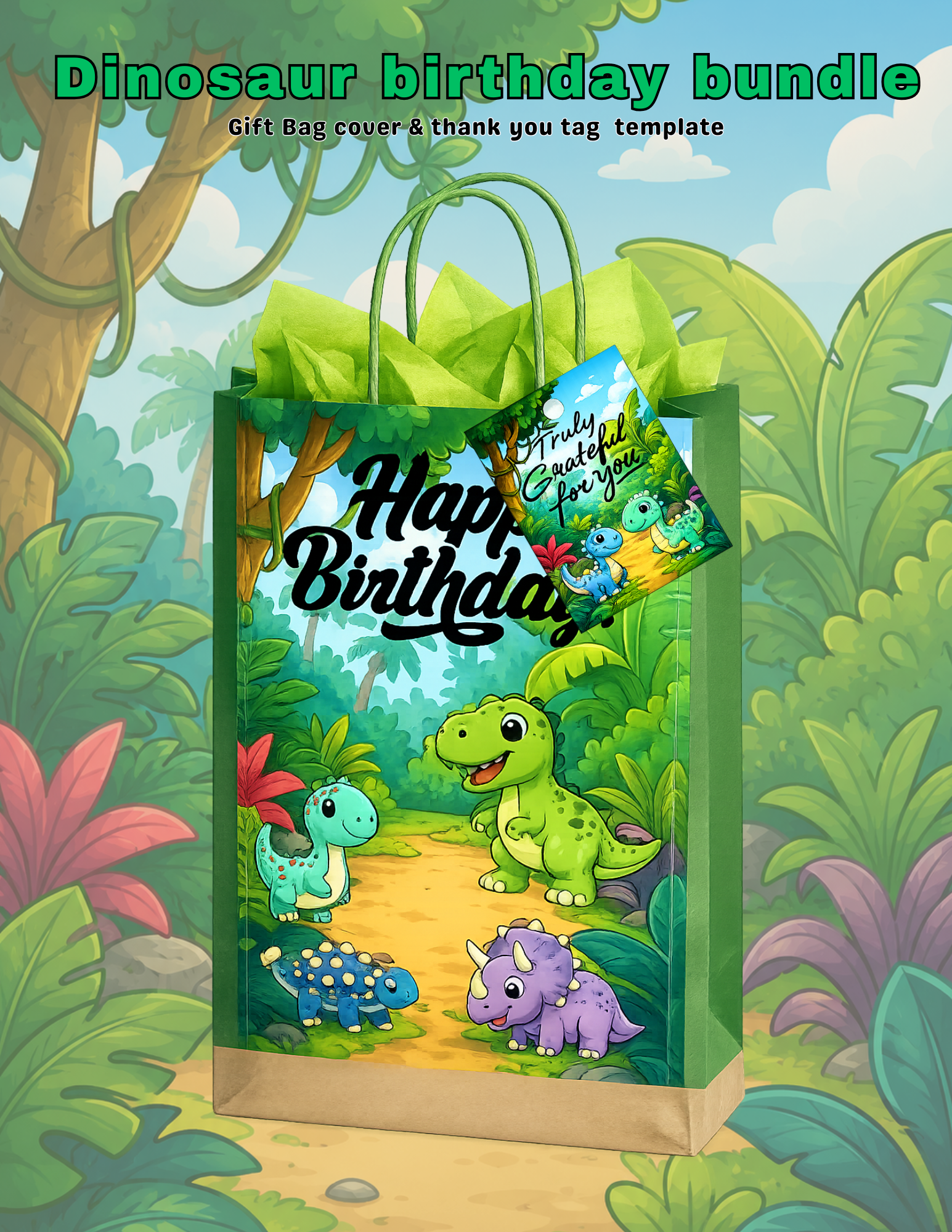 Dinosaur Birthday Invitation & Party Favor Bundle Templates