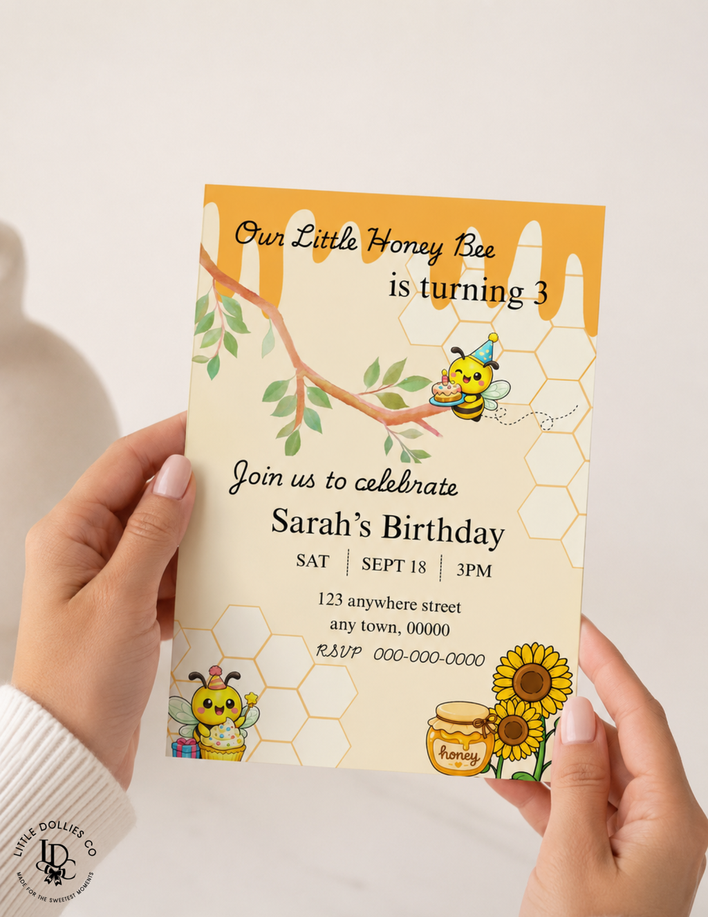 Our Little Honey Bee Is Turning Three Birthday Invitation & Party Favor Bundle Templates