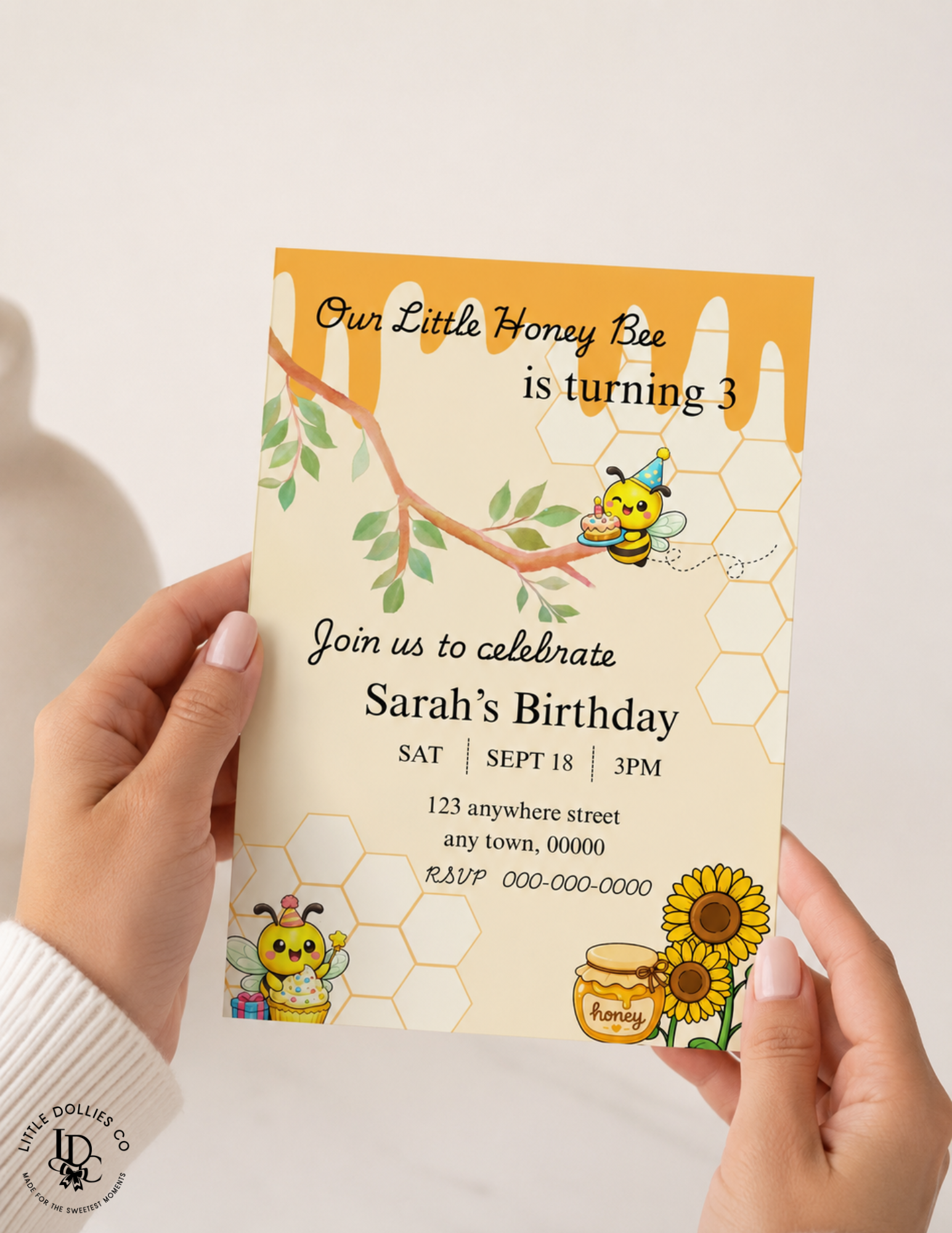Our Little Honey Bee Is Turning Three Birthday Invitation & Party Favor Bundle Templates