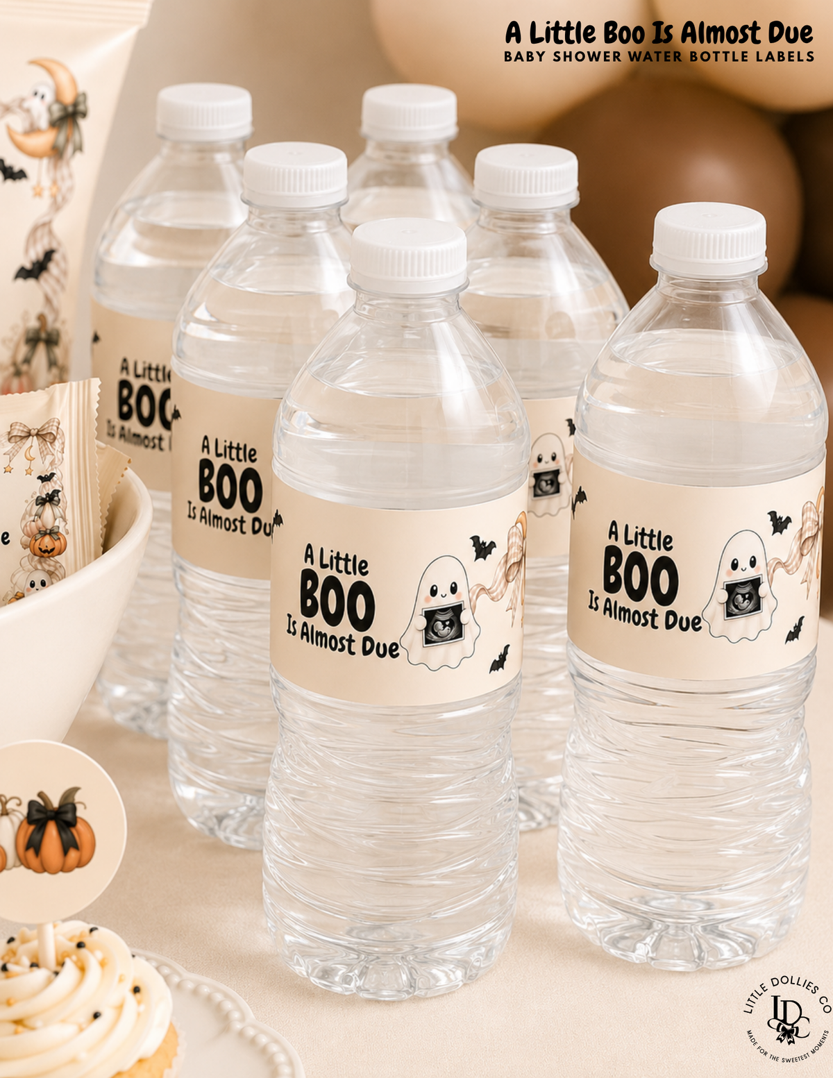 Halloween baby shower water bottles featuring A Little Boo Is Almost Due labels with cute ghosts and pumpkins