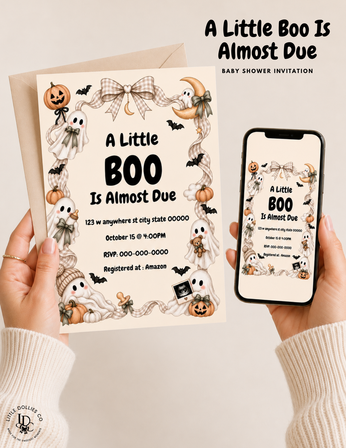 Editable A Little Boo Is Almost Due Halloween baby shower invitation displayed on a phone and tablet with cute ghost and pumpkin artwork