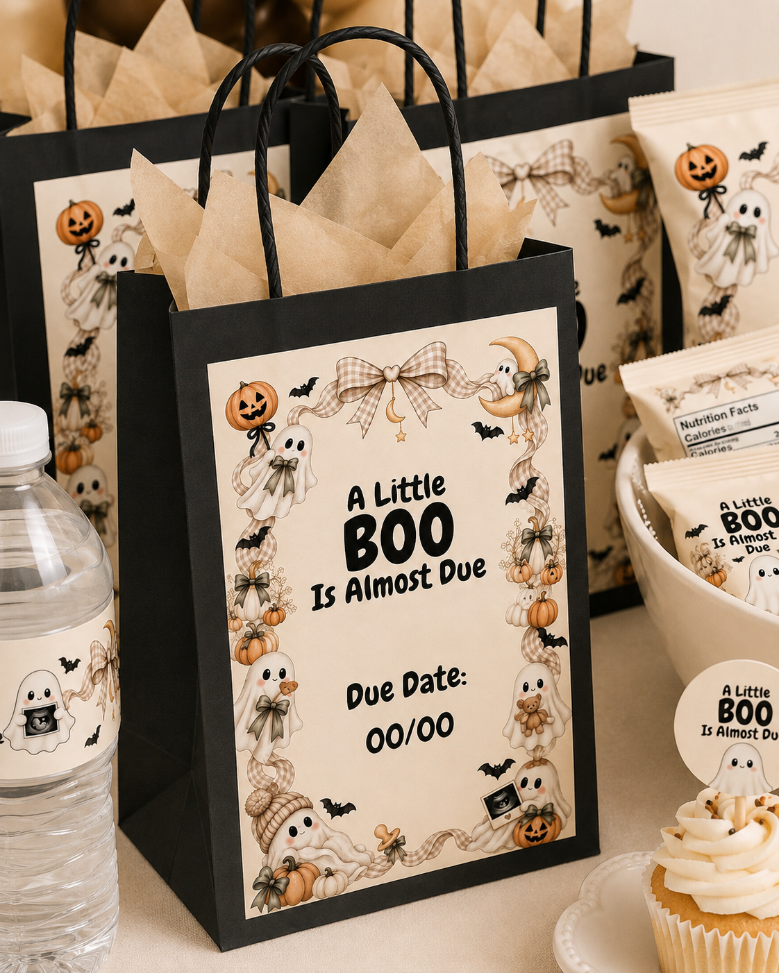 Ghost baby shower gift bags featuring A Little Boo Is Almost Due designs with matching Halloween party favors