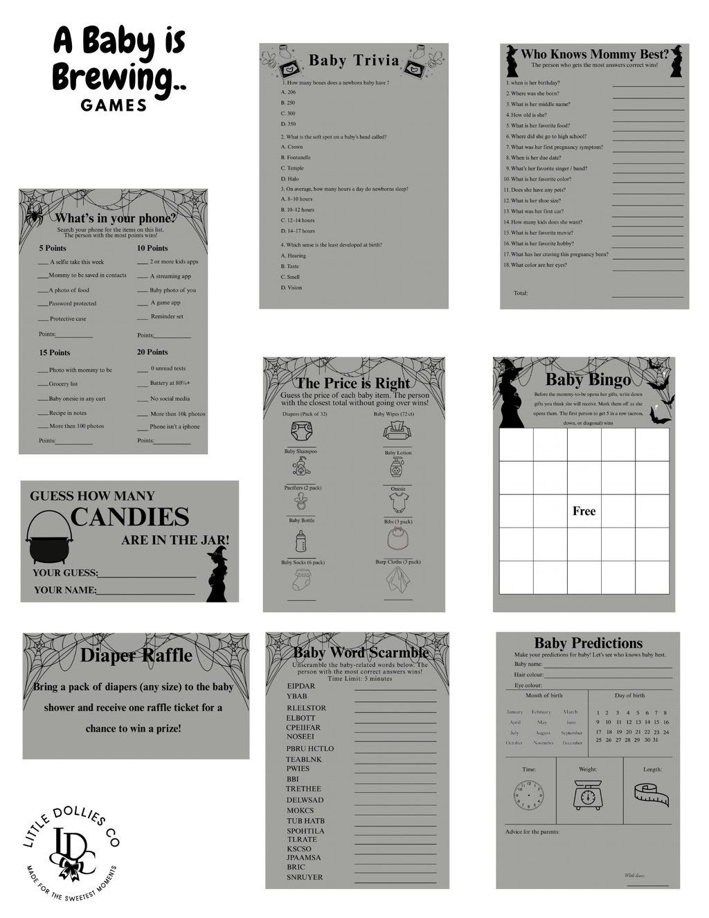 A baby is brewing baby shower game cards. Bingo, diaper raffle, baby predictions & more