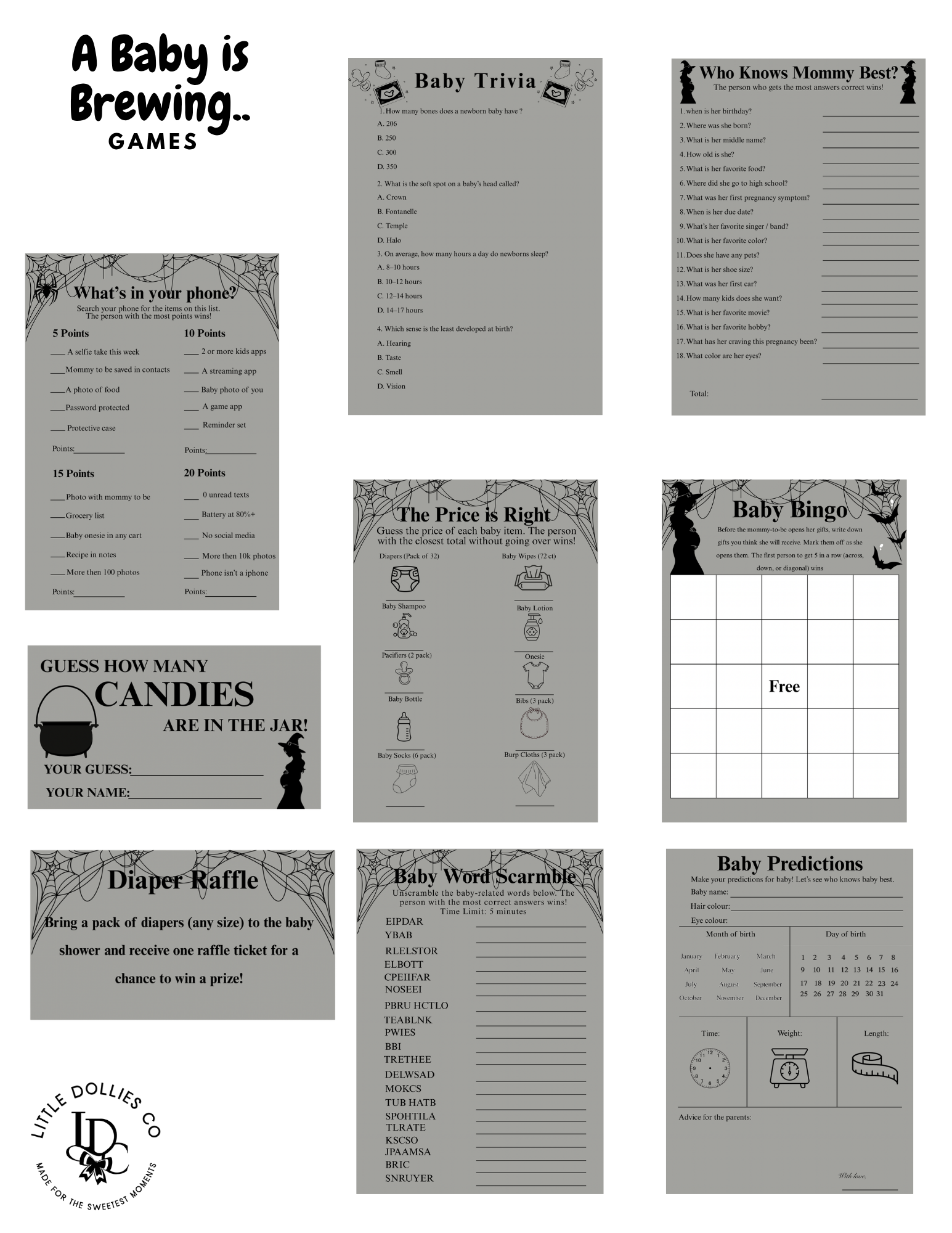 A baby is brewing baby shower game cards. Bingo, diaper raffle, baby predictions & more