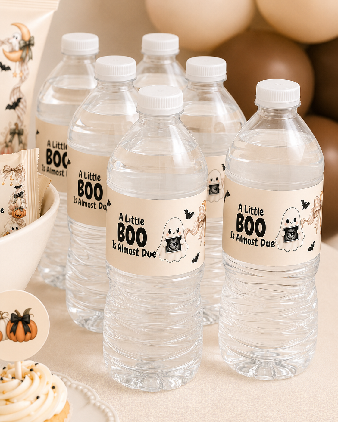 Custom water bottle labels featuring a ghost holding an ultrasound , bats , and “a little boo is almost due” lettering