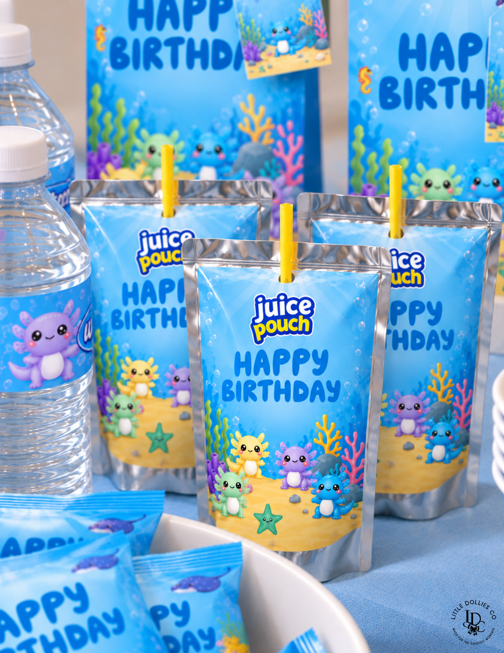 Axolotl birthday juice pouches featuring cute colorful axolotls, underwater plants, and Happy Birthday party labels