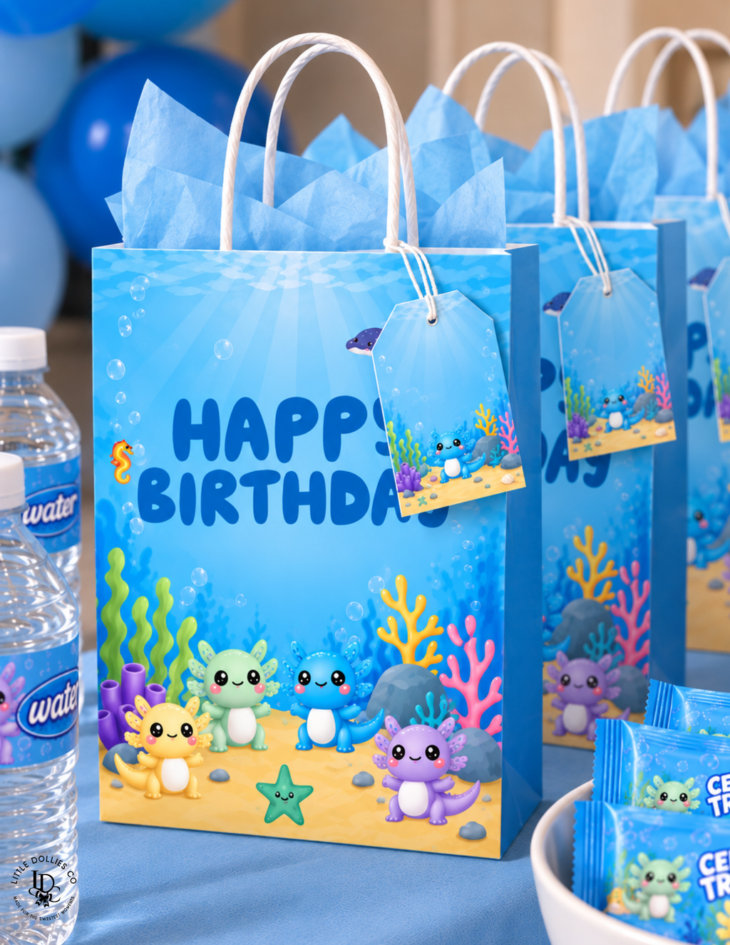 Axolotl birthday gift bags featuring cute colorful axolotls, underwater plants, and Happy Birthday design