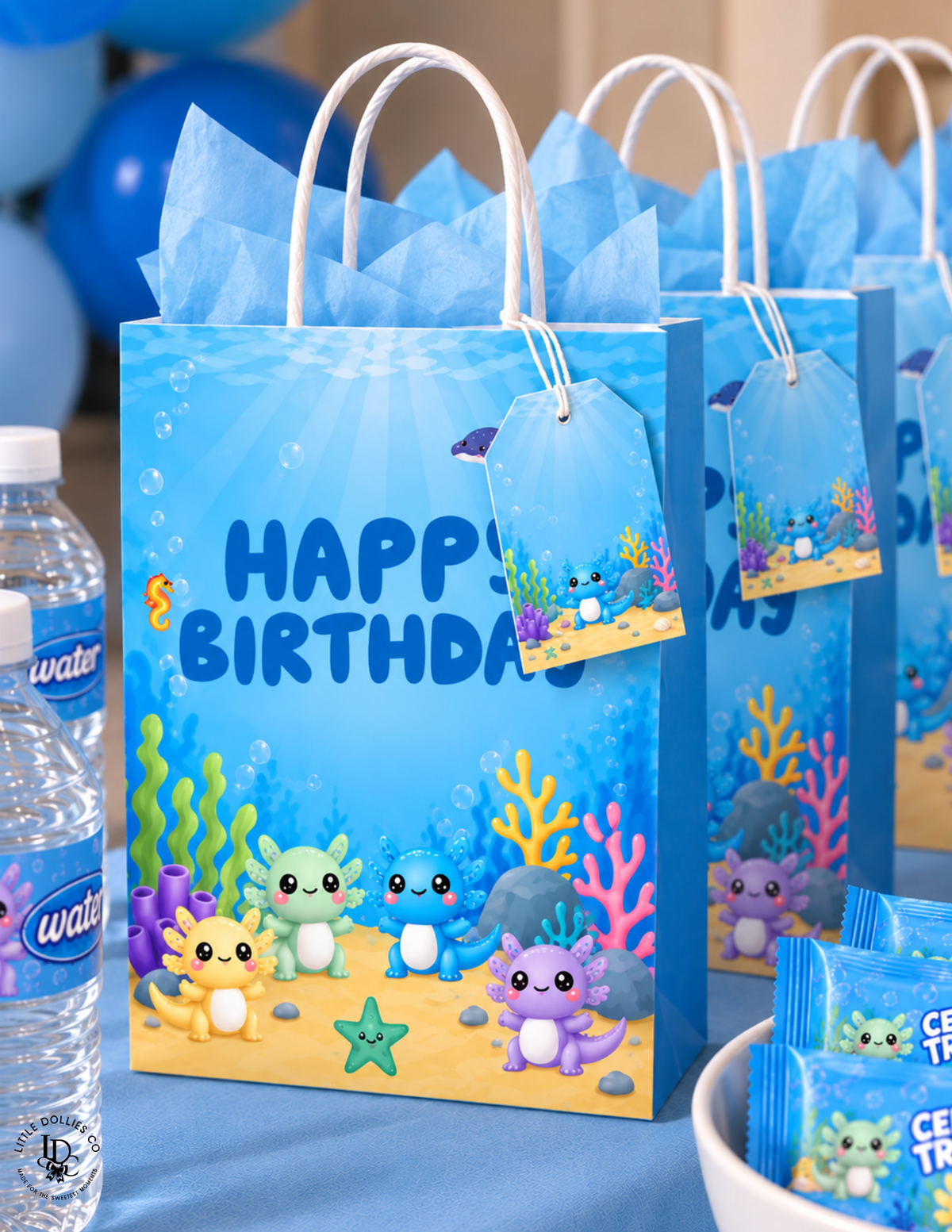 Axolotl birthday gift bags featuring cute colorful axolotls, underwater plants, and Happy Birthday design
