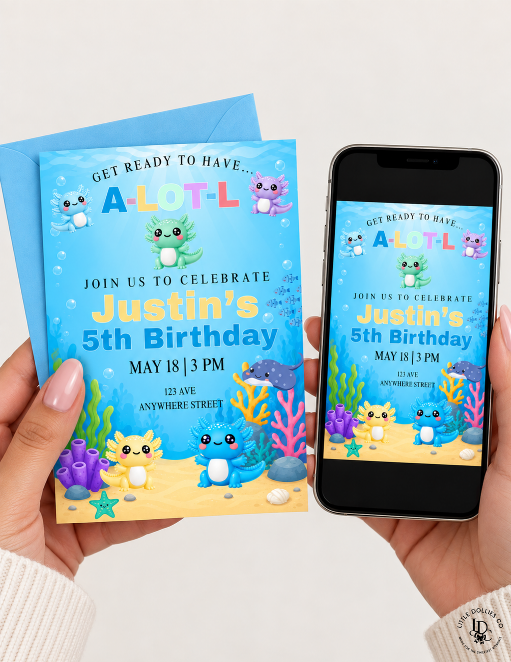 Axolotl birthday invitation featuring cute colorful axolotls, underwater plants, stars, and customizable fifth birthday party details