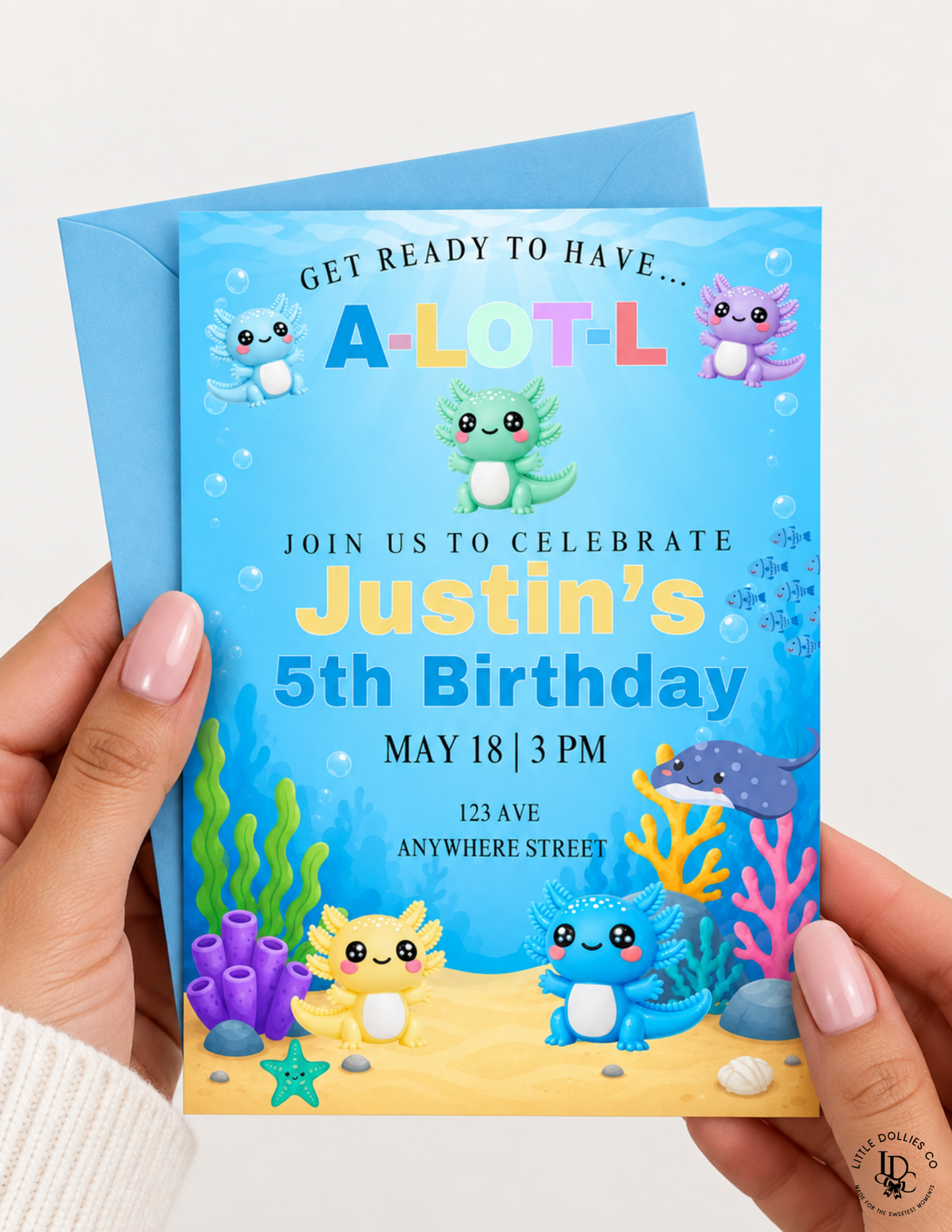 Axolotl birthday invitation featuring cute colorful axolotls, underwater plants, stars, and customizable birthday party details