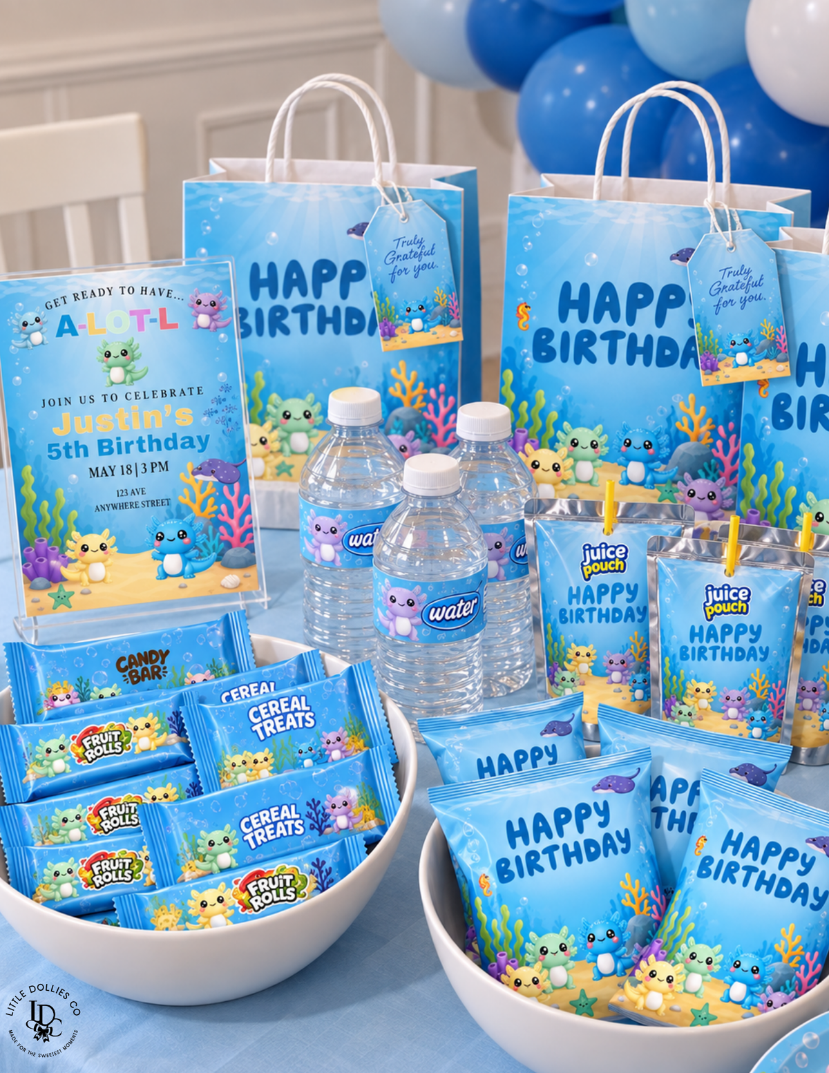 Axolotl birthday party bundle featuring colorful axolotl party favors, gift bags, water bottles, juice pouches, and treat wrappers