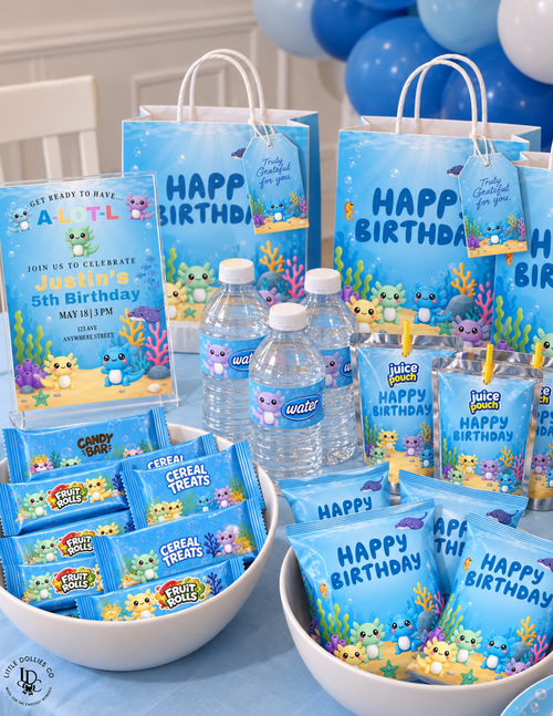 Axolotl birthday party bundle featuring colorful axolotl party favors, gift bags, water bottles, juice pouches, and treat wrappers