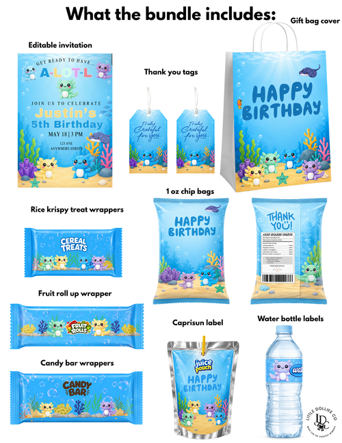 Axolotl birthday party bundle including colorful axolotl party favors, gift bags, water bottles, juice pouches, and treat wrappers
