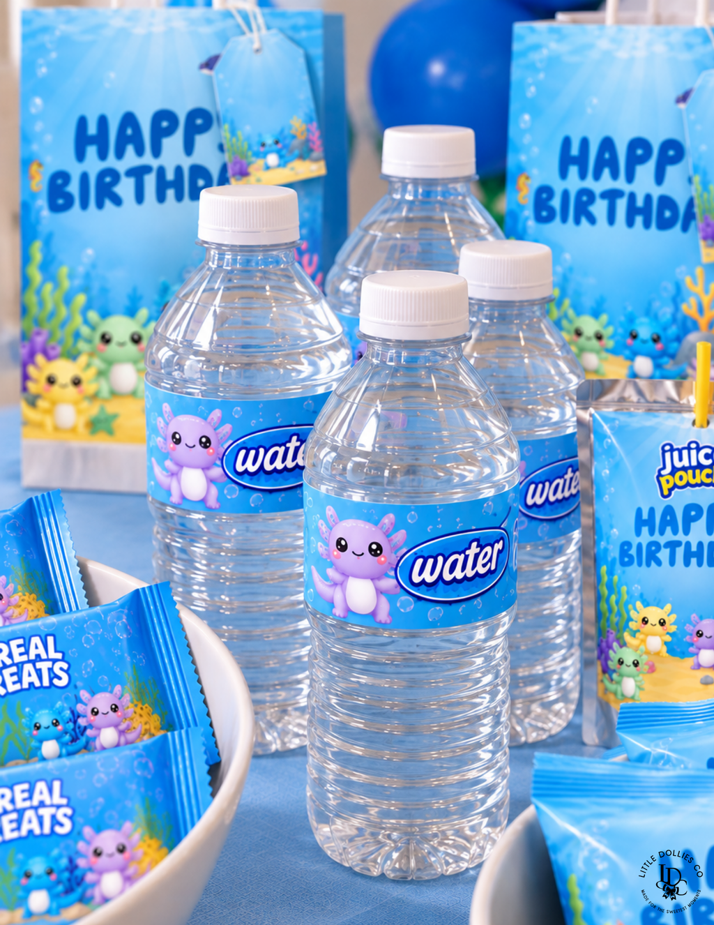 Axolotl birthday water bottles featuring colorful axolotl labels with underwater plants and matching birthday party designs