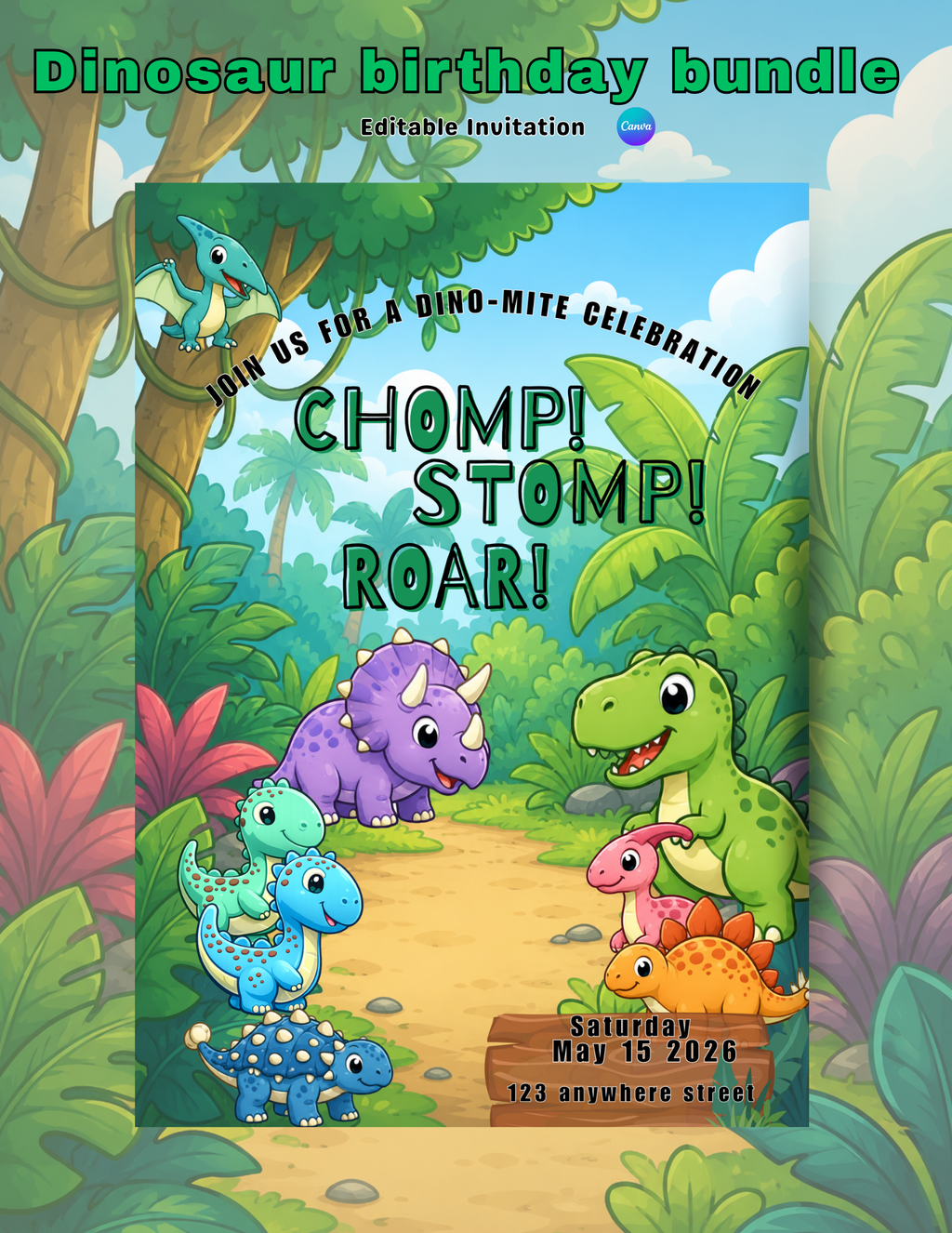 Dinosaur Birthday Invitation & Party Favor Bundle Templates