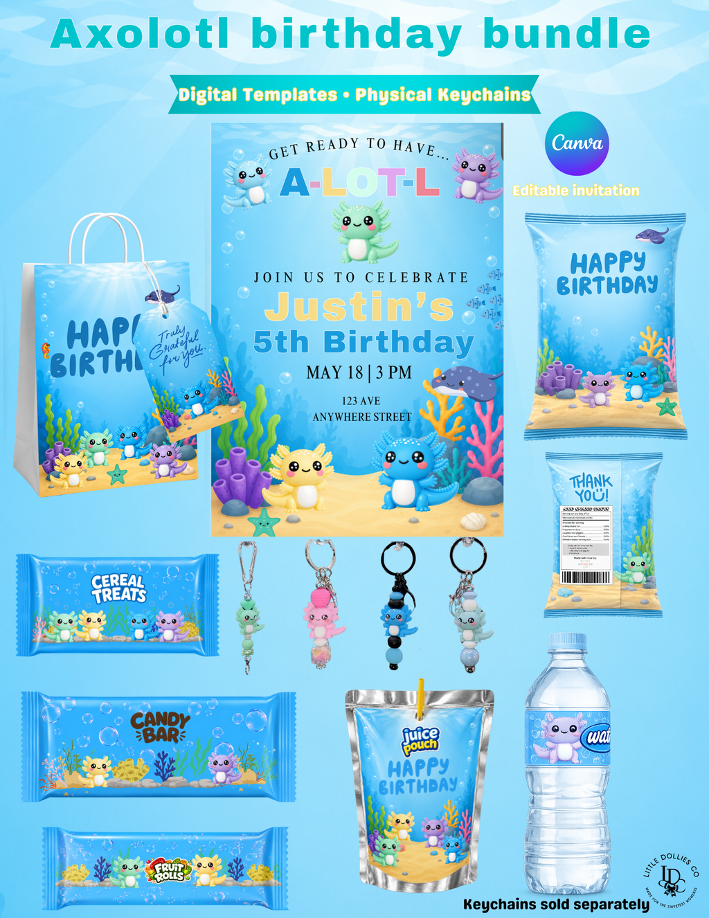 Axolotl Birthday Invitation & Party Favor Bundle Templates