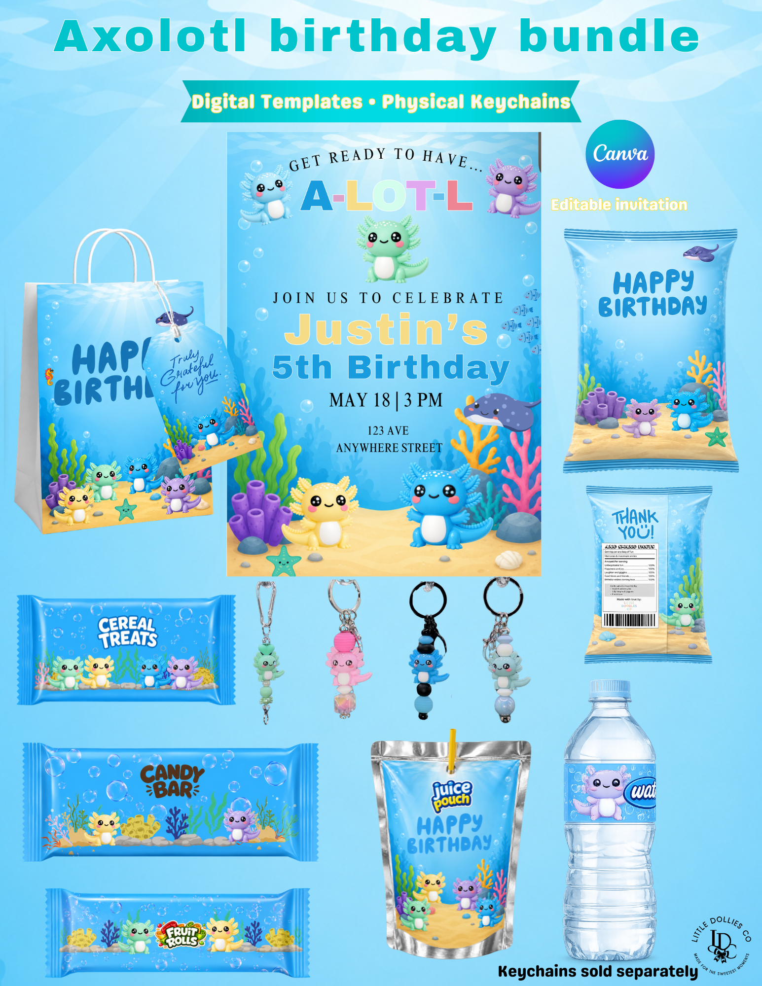 Axolotl Birthday Invitation & Party Favor Bundle Templates