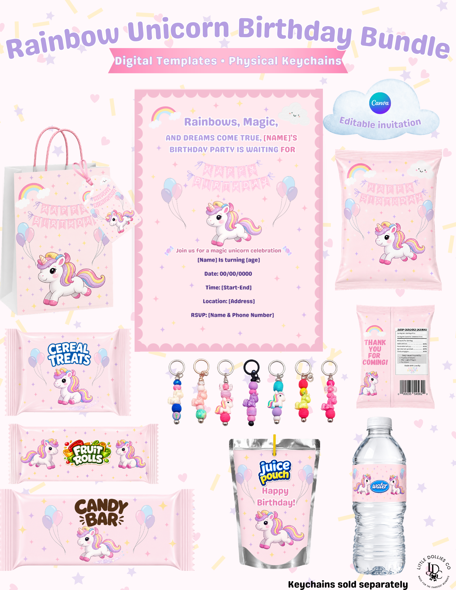 Unicorn Birthday Invitation & Party Favor Bundle Templates