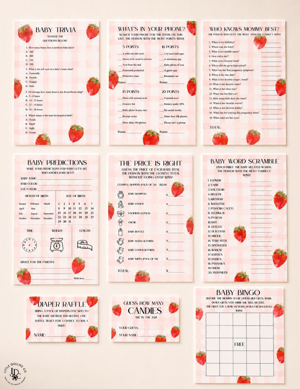 Berry Sweet Baby Shower Invitation, Decorations & Games Template Bundle