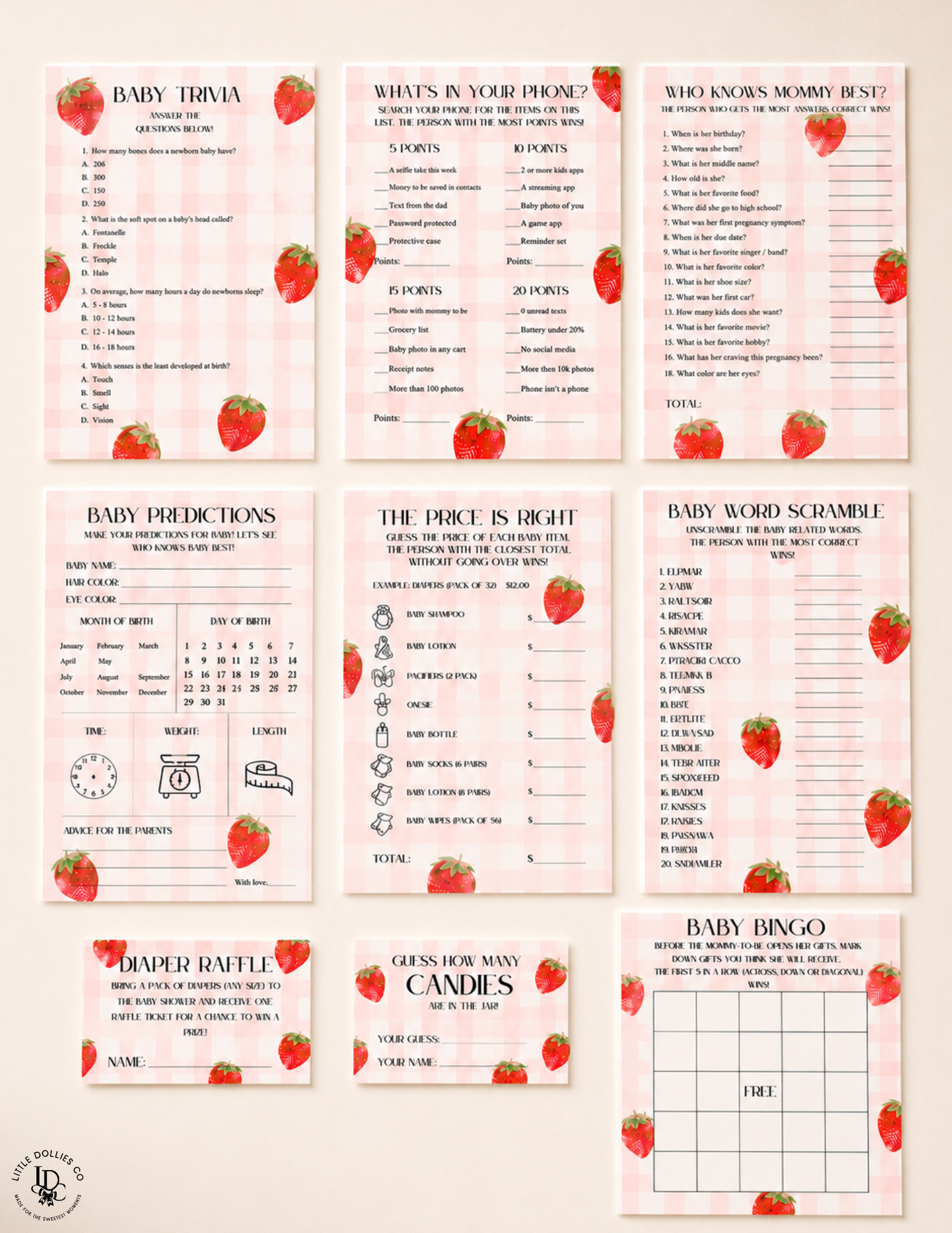 Berry Sweet Baby Shower Invitation, Decorations & Games Template Bundle